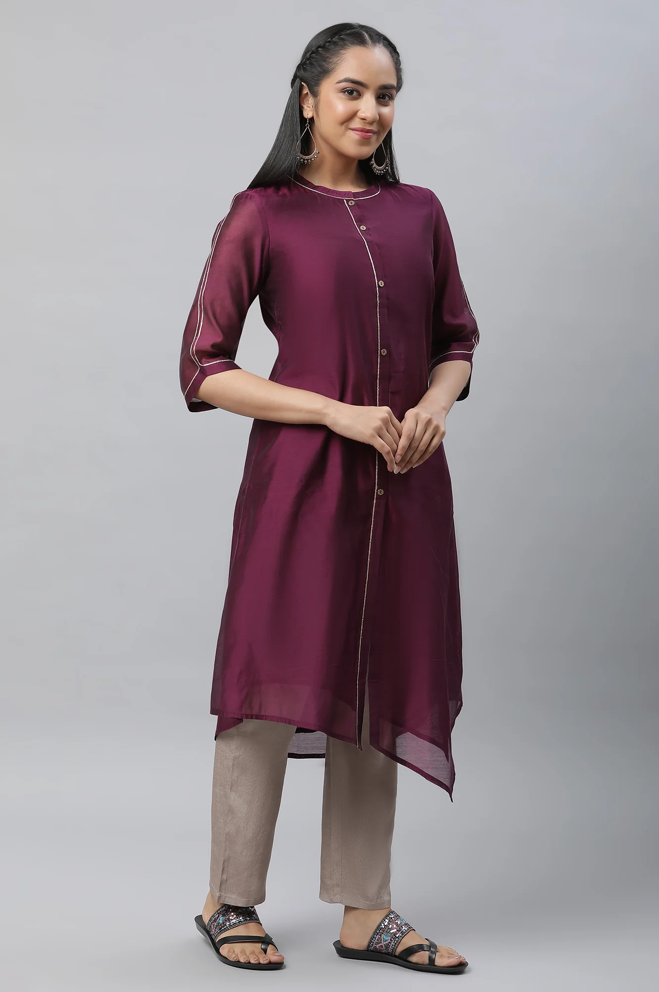 Purple Chanderi Asymmetrical Festive Kurta with Embellishment - Image 5