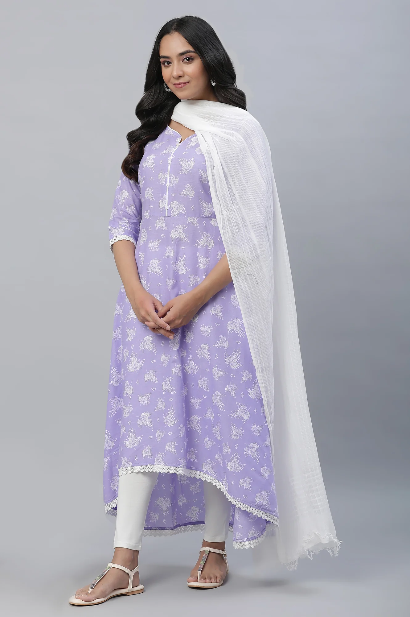 Purple Floral Printed High-Low Kurta - Image 5