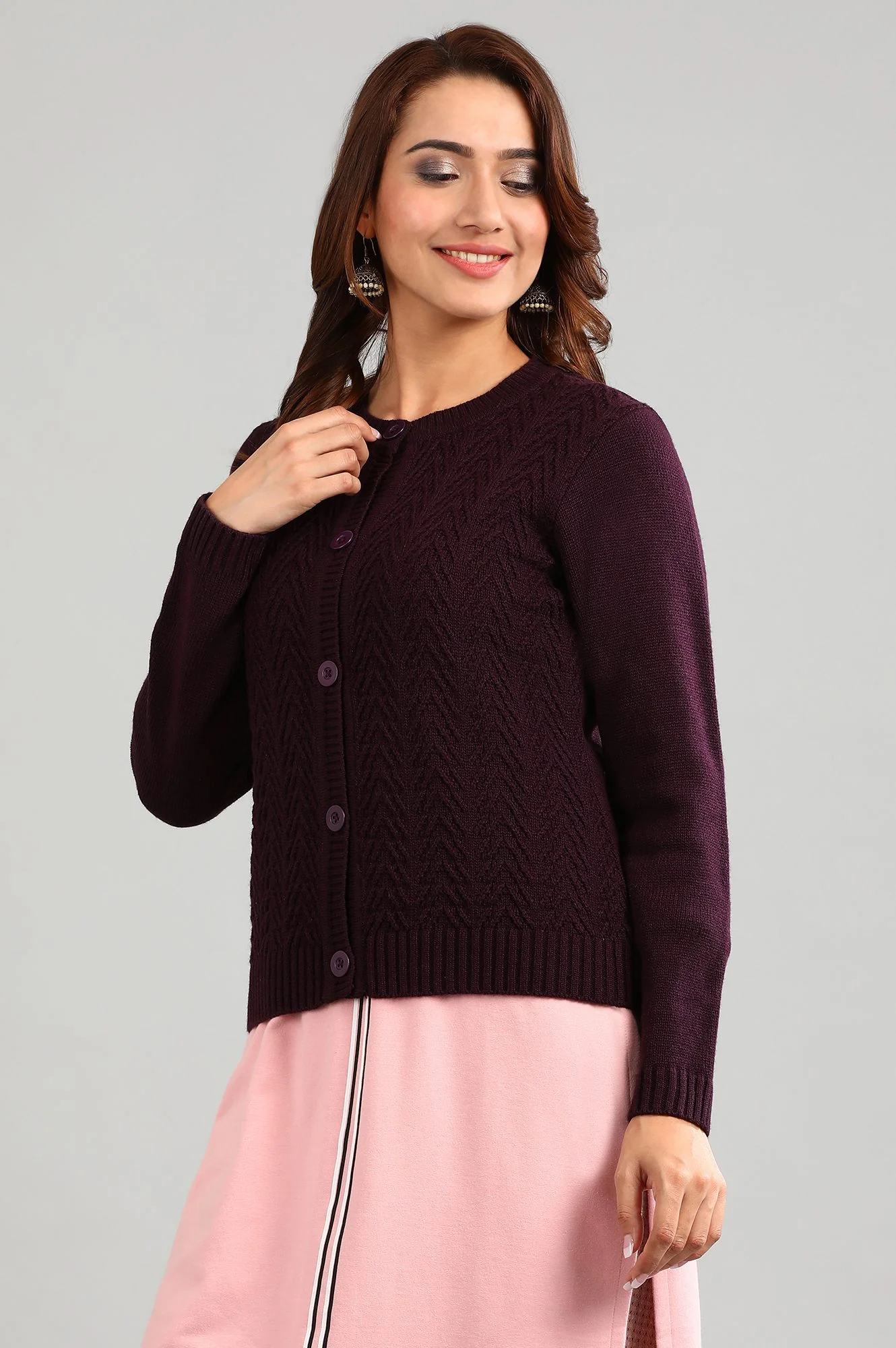Purple Round Neck Solid Sweater - Image 3