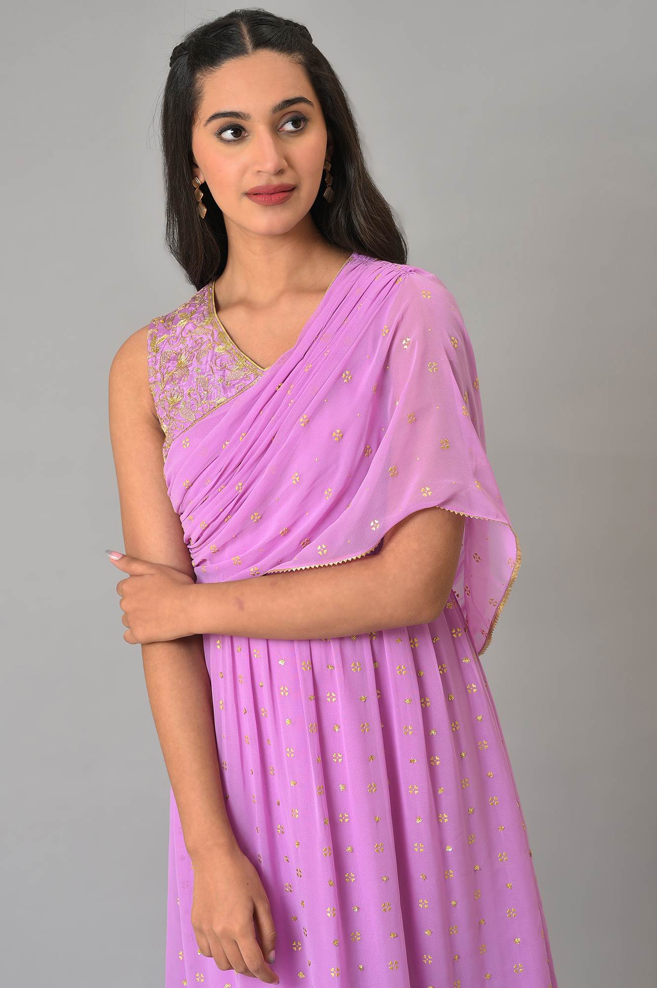 Purple Rounded Hemline Floral Printed Dress - Image 5