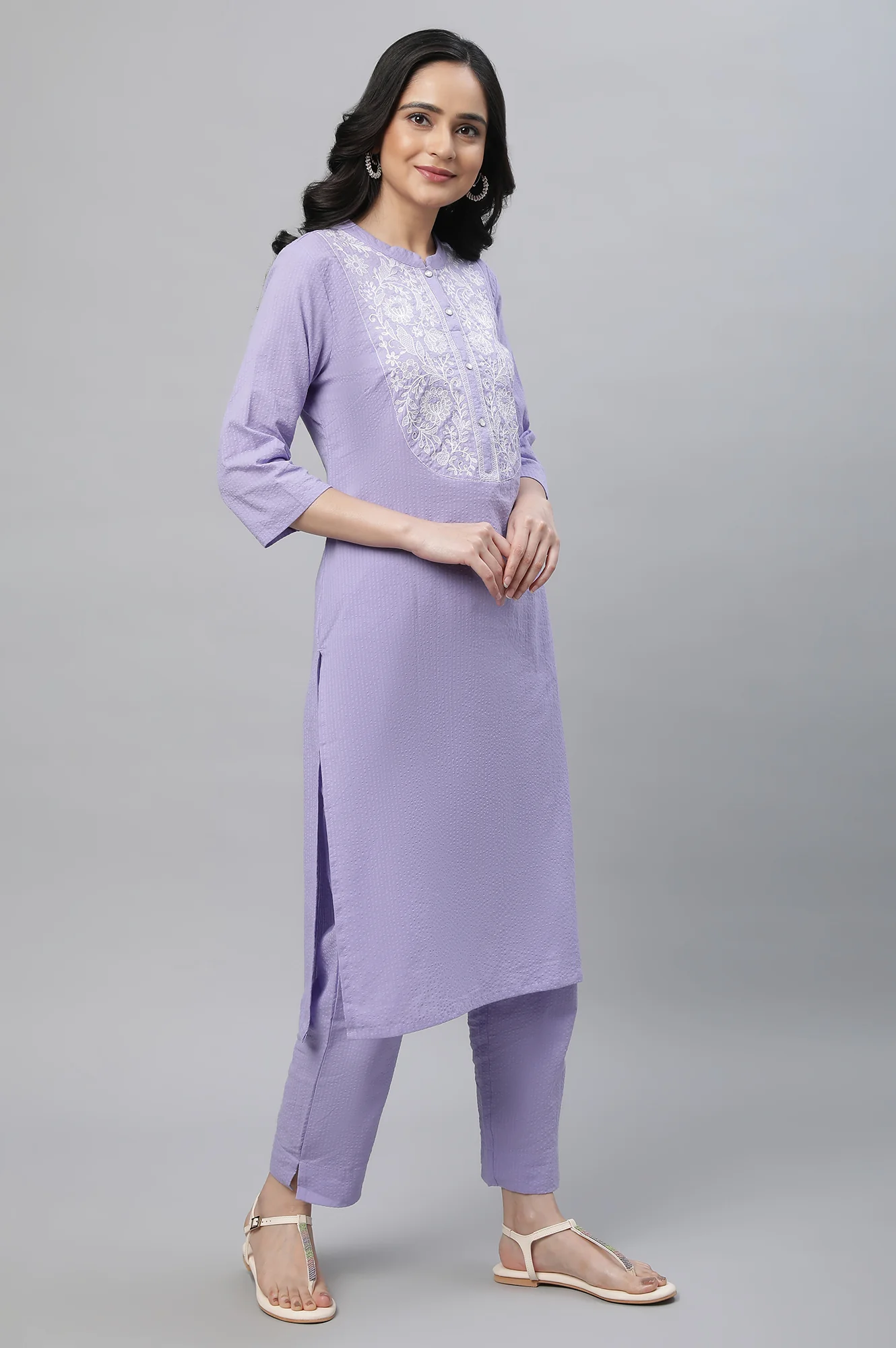 Purple Textured Cotton Embroidered Kurta Co-ord Set - Image 3