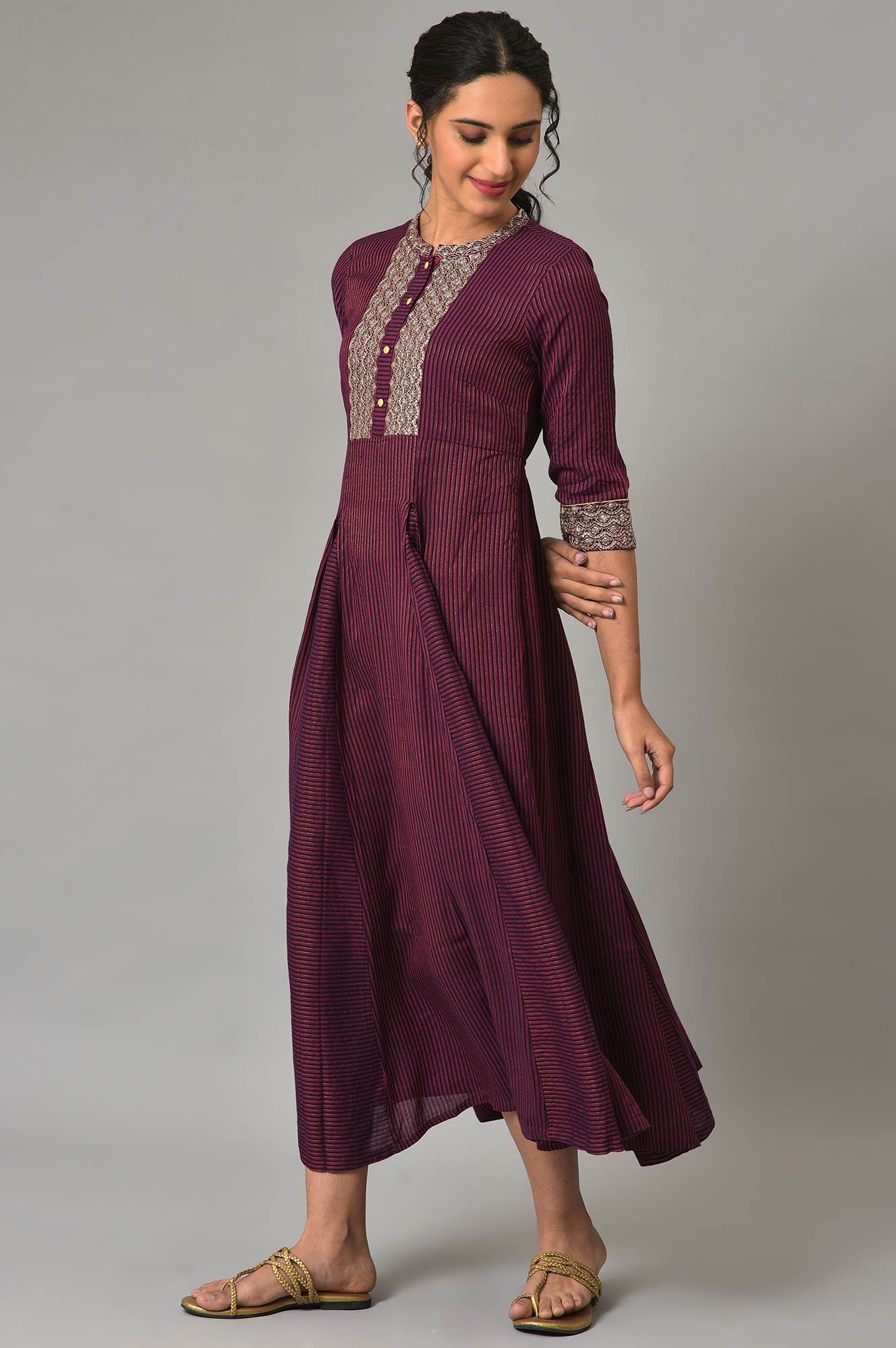 Purple Yarn-Dyed Stripe Print Dress - Image 3