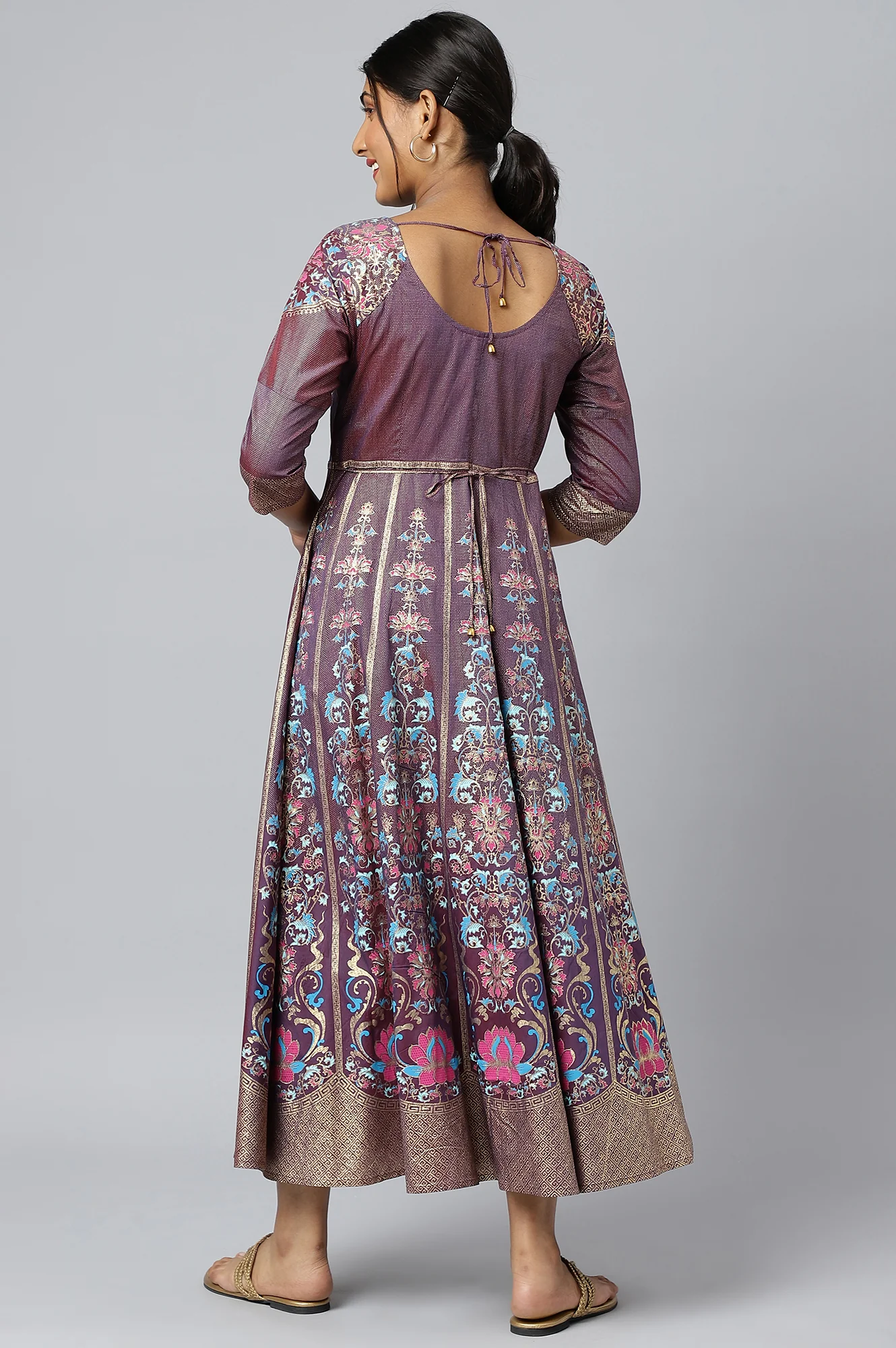 Purple Zari Embroidered A-line Ethnic Dress - Image 4