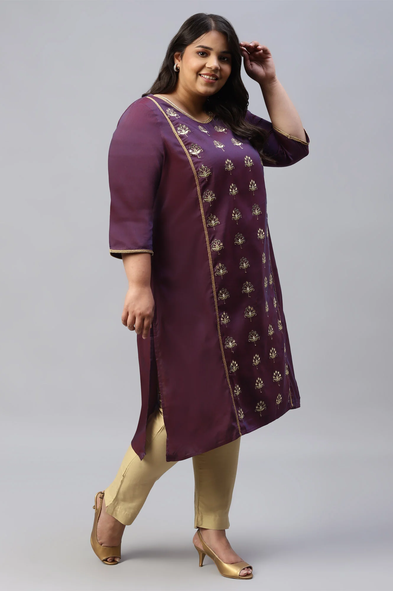 Purple Zari Embroidered Plus Size Liva kurta - Image 4