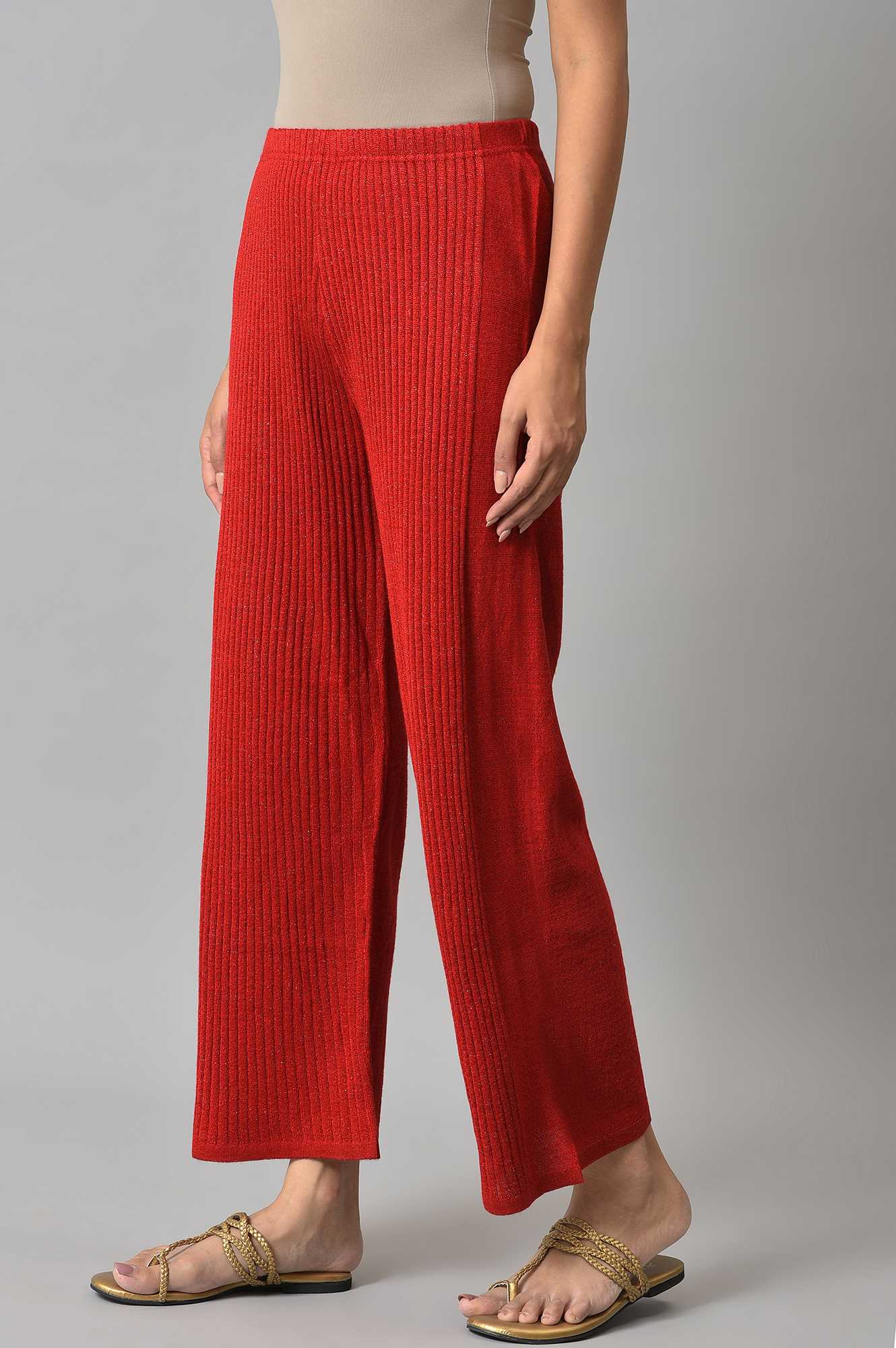Red Solid Wide Leg Acrylic Palazzo With Elasticated Waist - Image 3