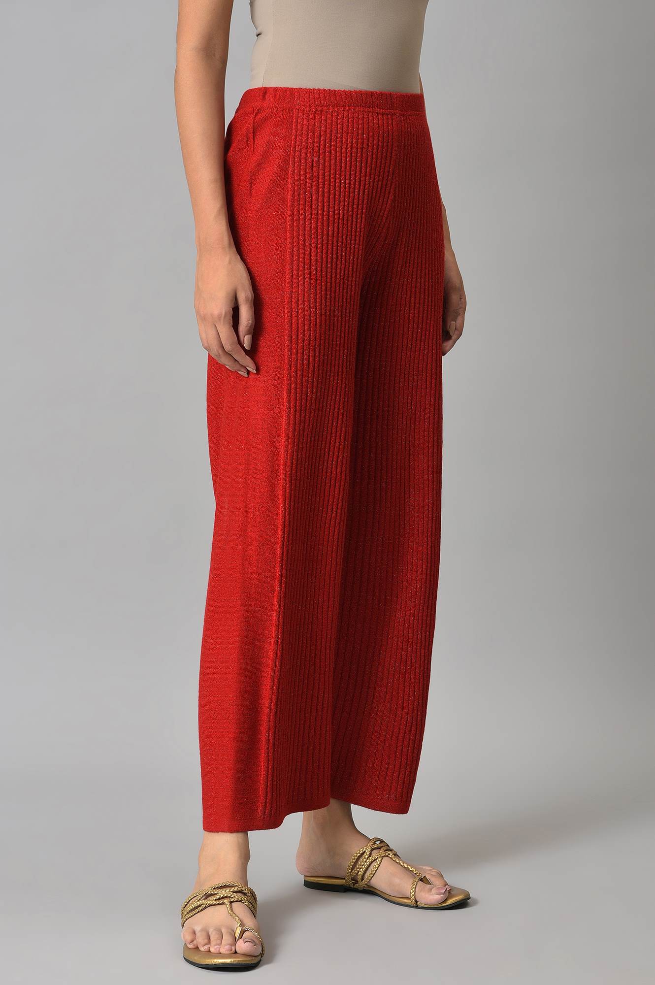Red Solid Wide Leg Acrylic Palazzo With Elasticated Waist - Image 4