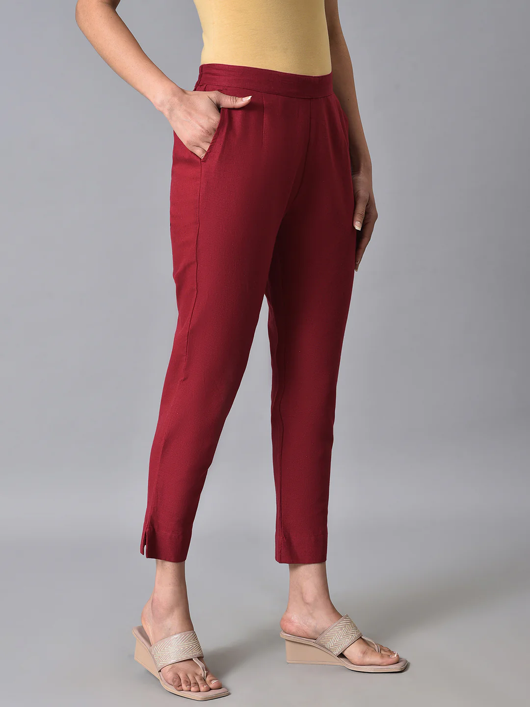 Red Solid Straight Fit Cotton Trousers With Elasticated Back - Image 4