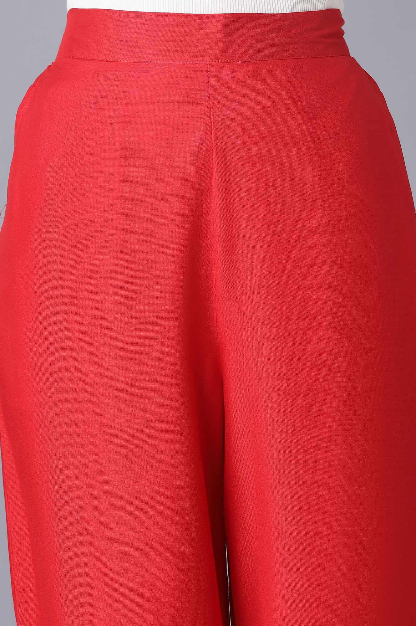 Red Solid Straight Fit Tencel Pants With Elasticated Waist - Image 6