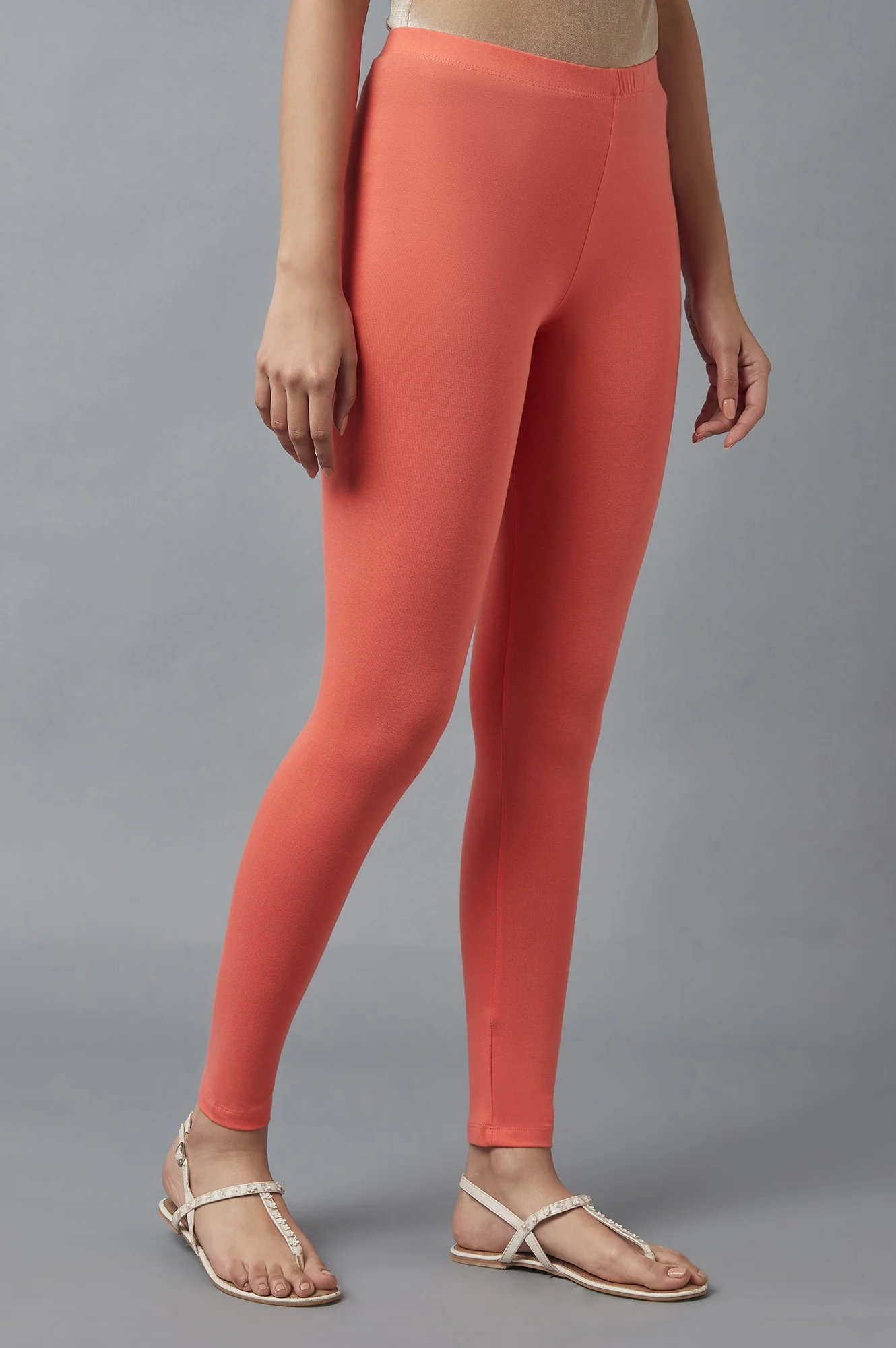 Peach Solid Skinny Fit Cotton Tights With Elasticated Waist - Image 4