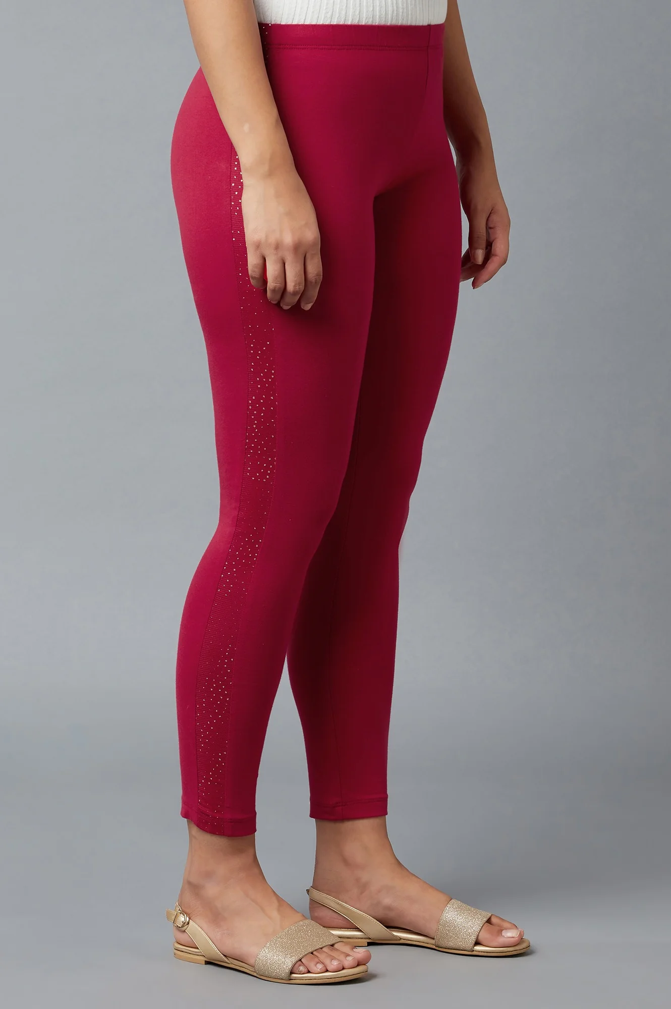 Red Solid Skinny Cotton Tights With Elasticated Waist - Image 4