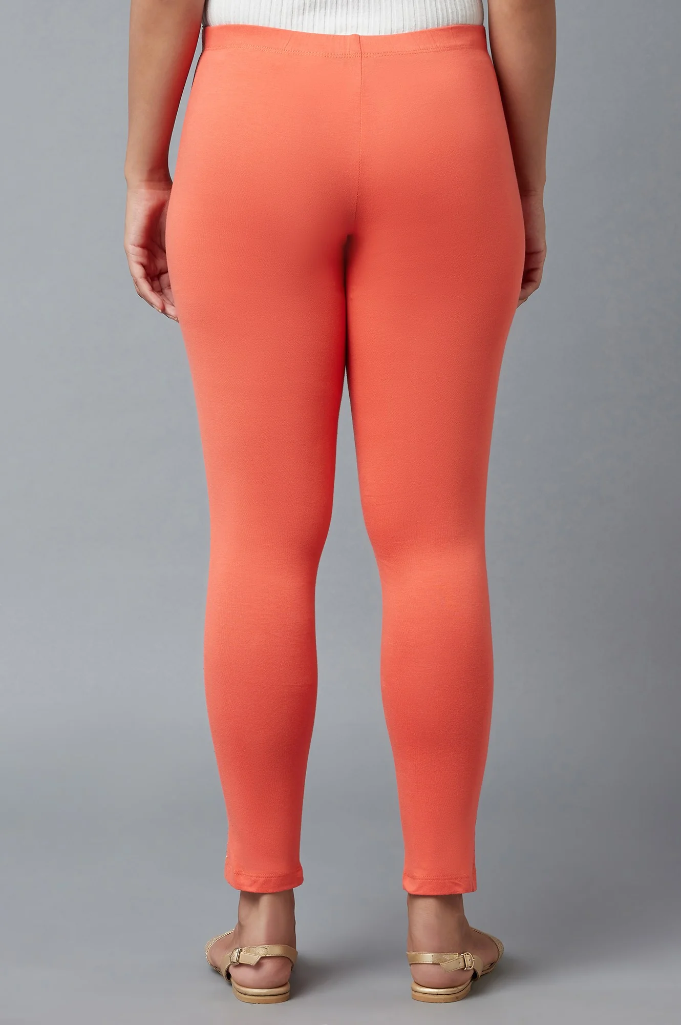 Peach Solid Skinny Fit Cotton Tights With Elasticated Waist - Image 2