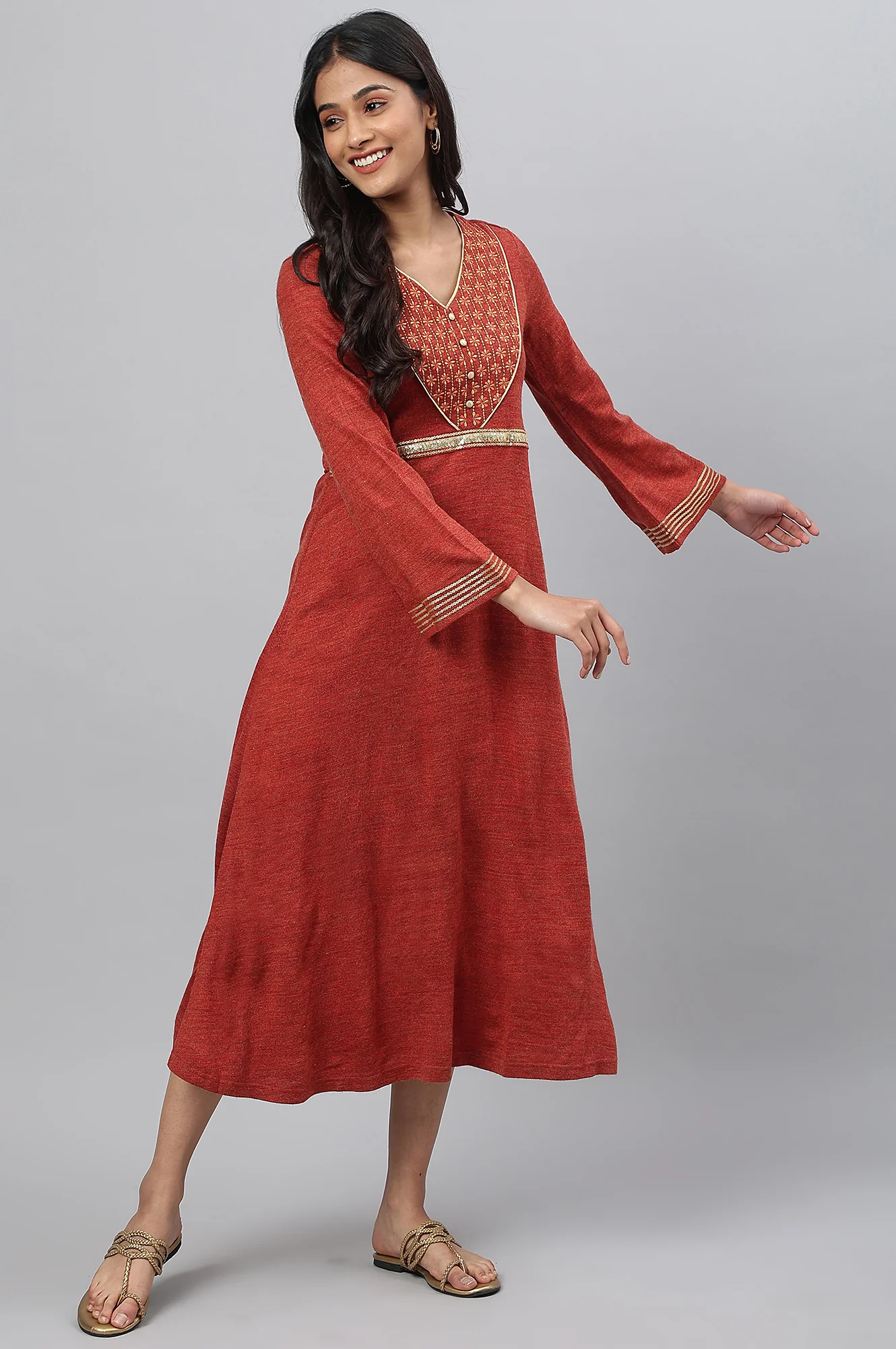 Red Embroidered A-Line Plus Size Winter Dress - Image 5
