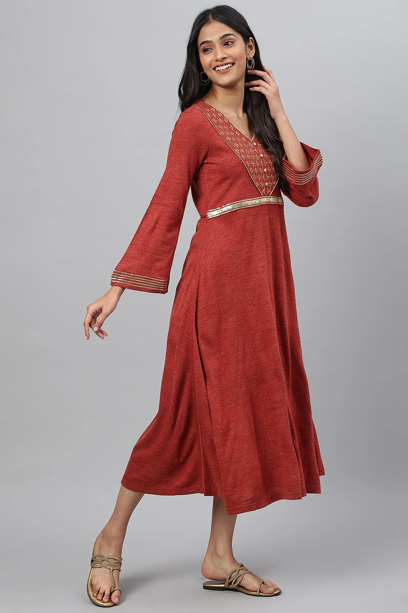 Red Embroidered A-Line Plus Size Winter Dress - Image 6