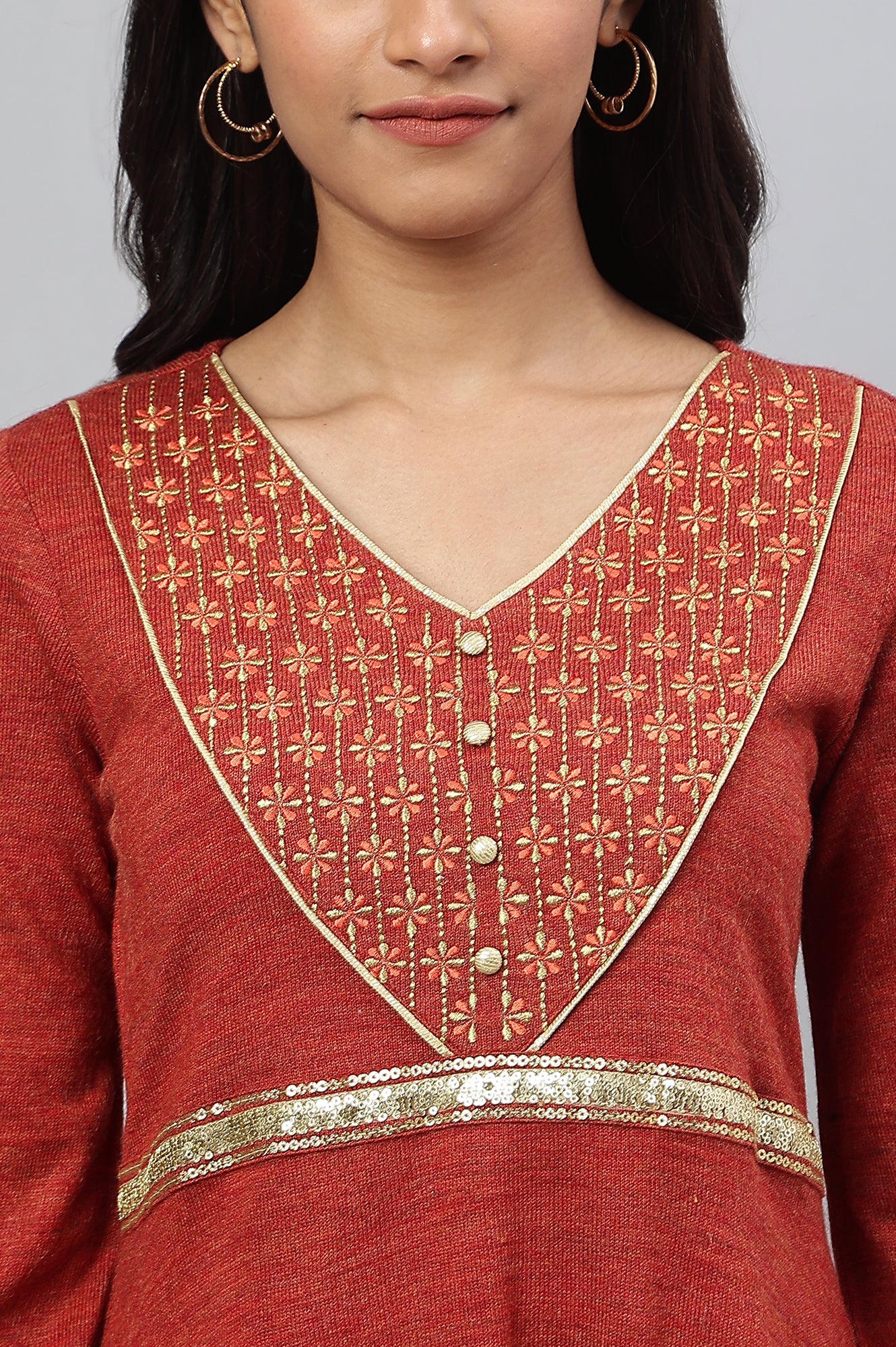 Red Embroidered A-Line Plus Size Winter Dress - Image 8