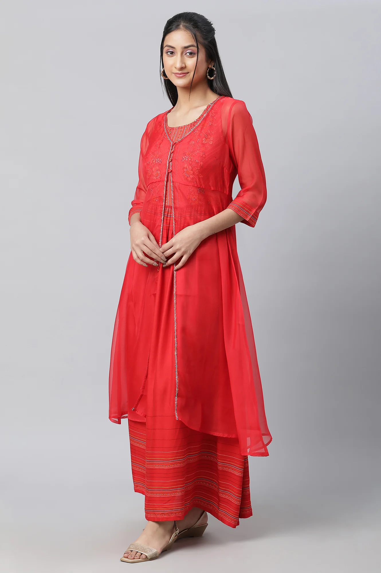 Red Embroidered Organza Gillet & Printed Dress - Image 3
