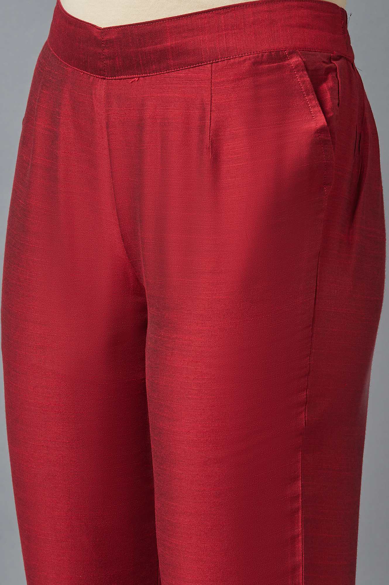 Red Solid Straight Fit Woven Trousers With Elasticated Waist - Image 6