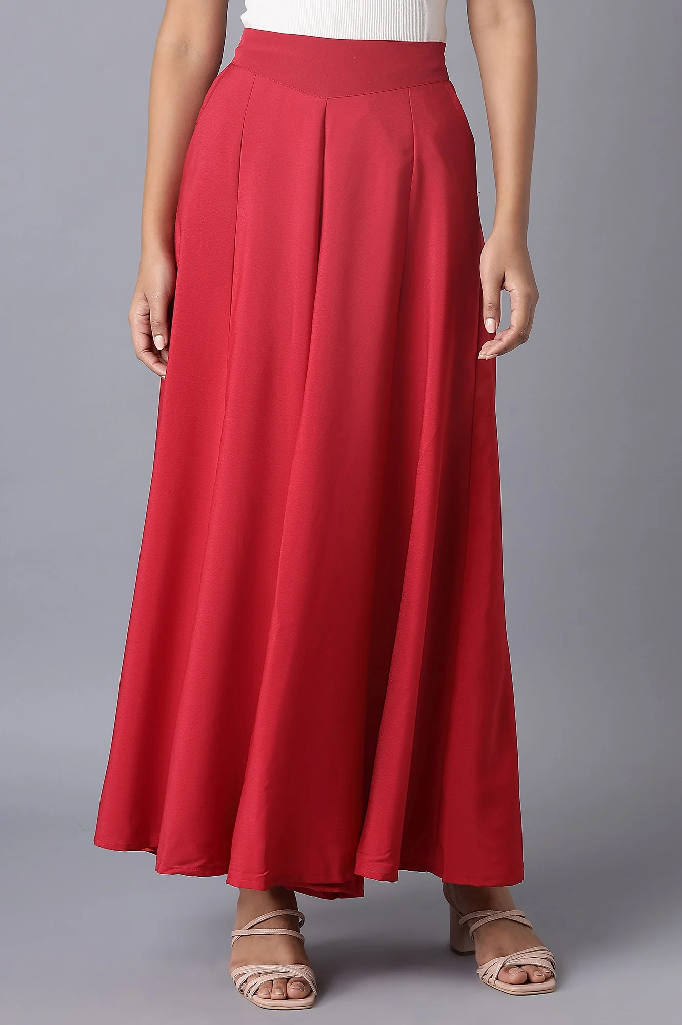 Red Solid Flared Woven Palazzo With Elasticated Waistband - Image 2