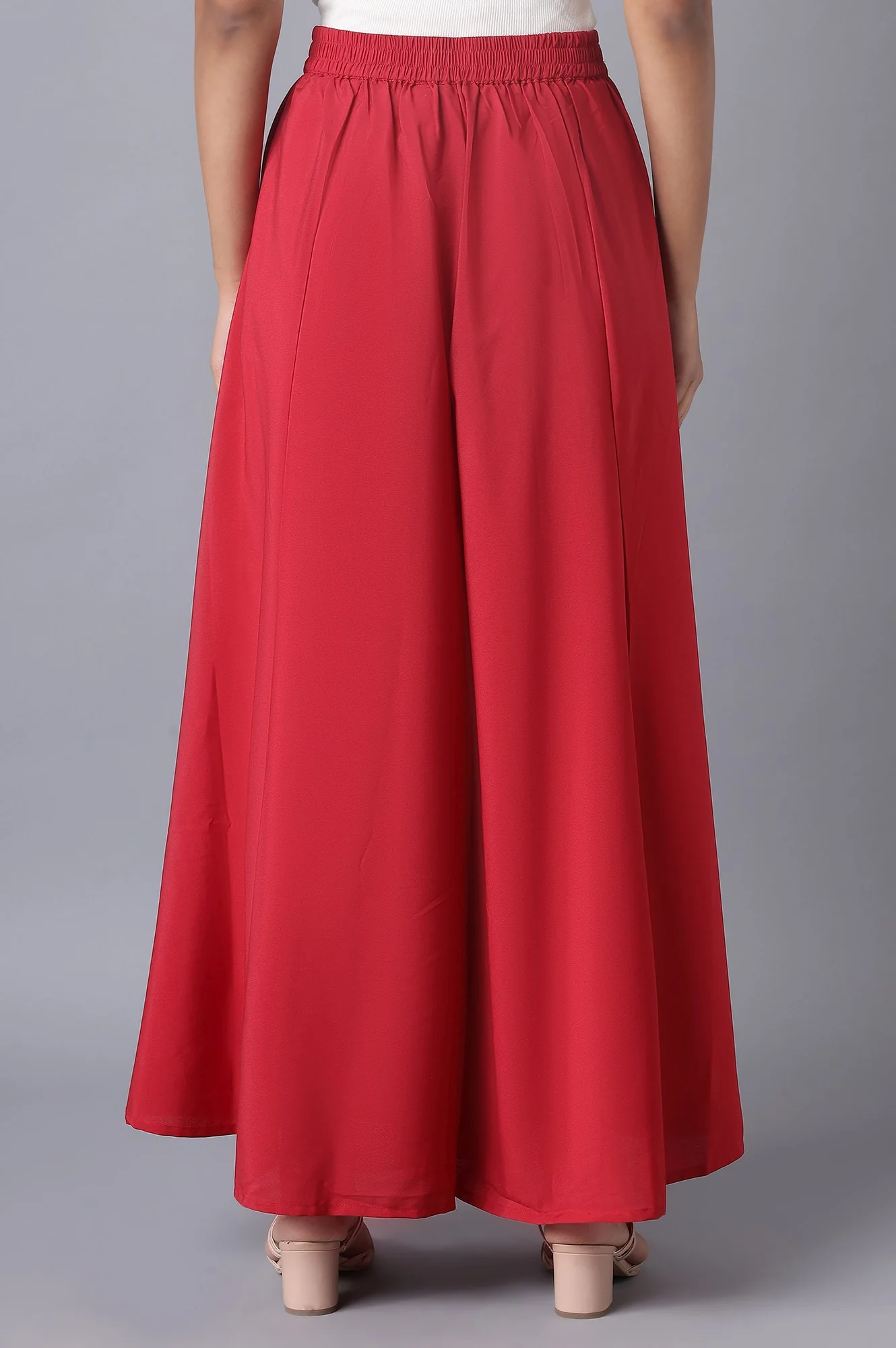 Red Solid Flared Woven Palazzo With Elasticated Waistband - Image 3