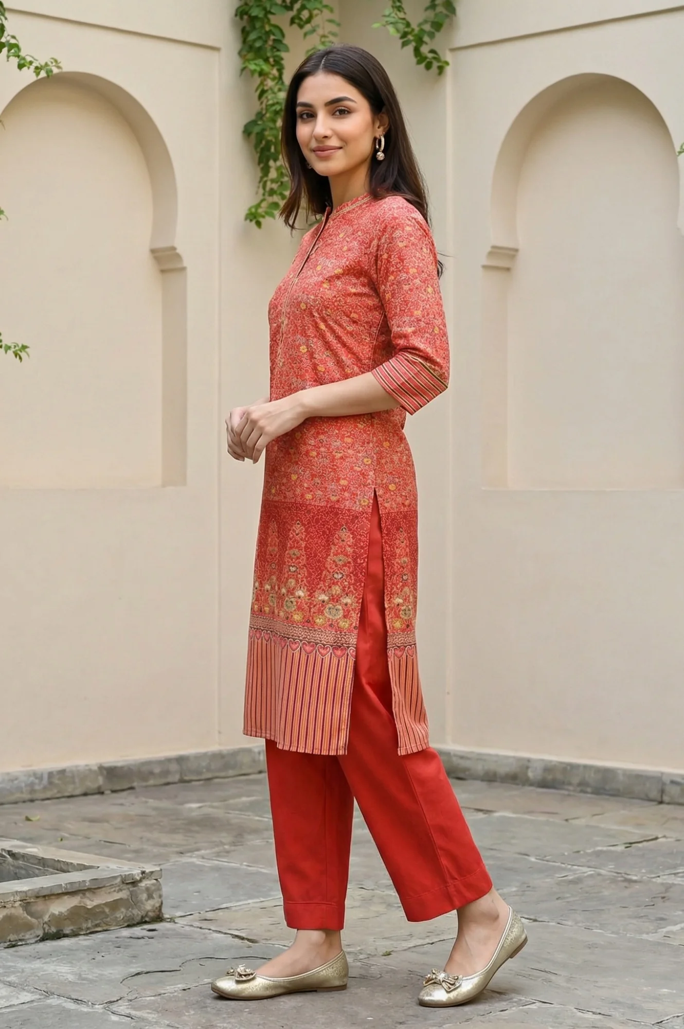 Red Foil Floral Printed Printed Sequined Mandarin Collar Straight Kurta - Image 4
