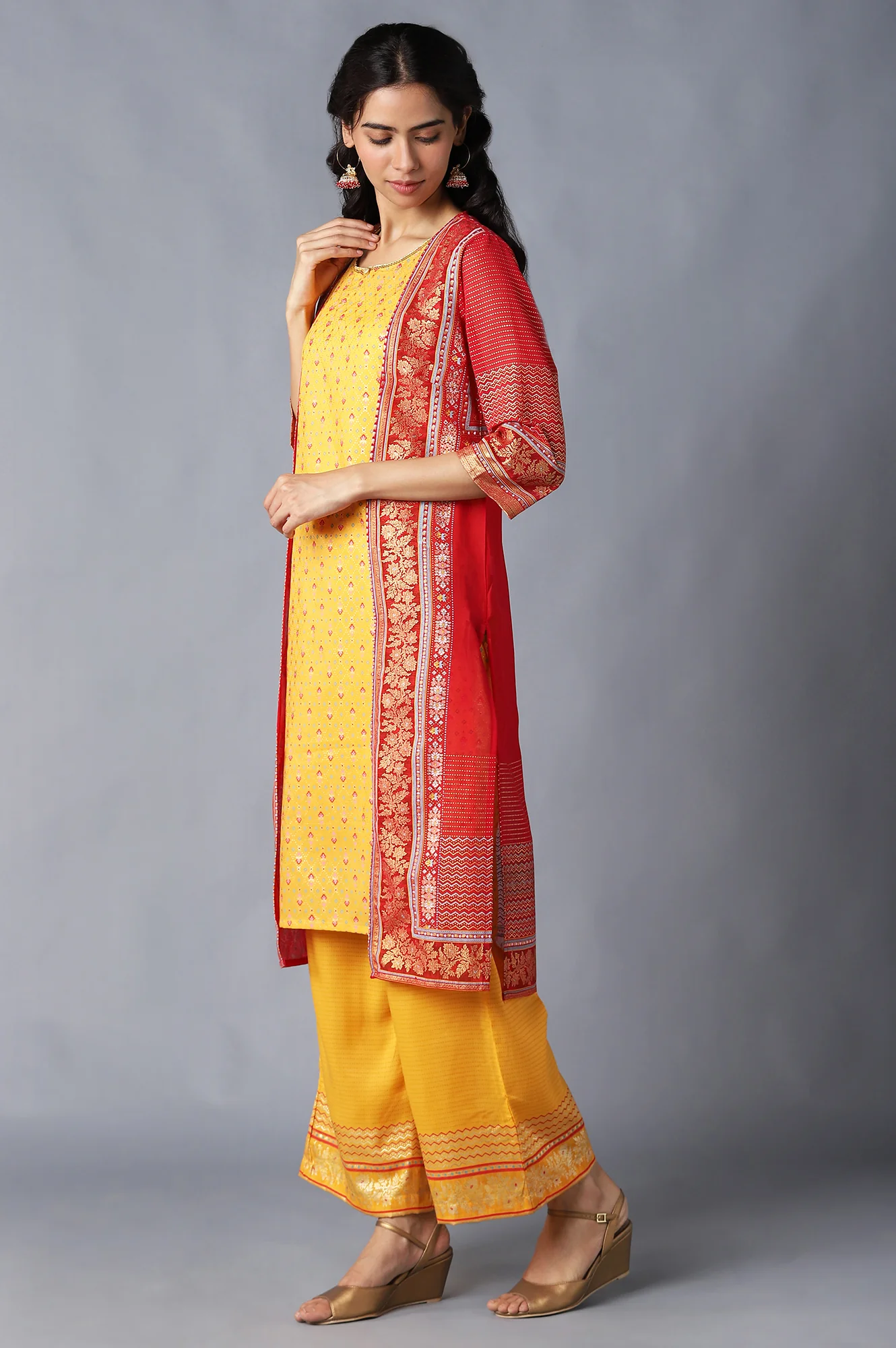 Red Gillet, Yellow kurta and Palazzo Set - Image 4