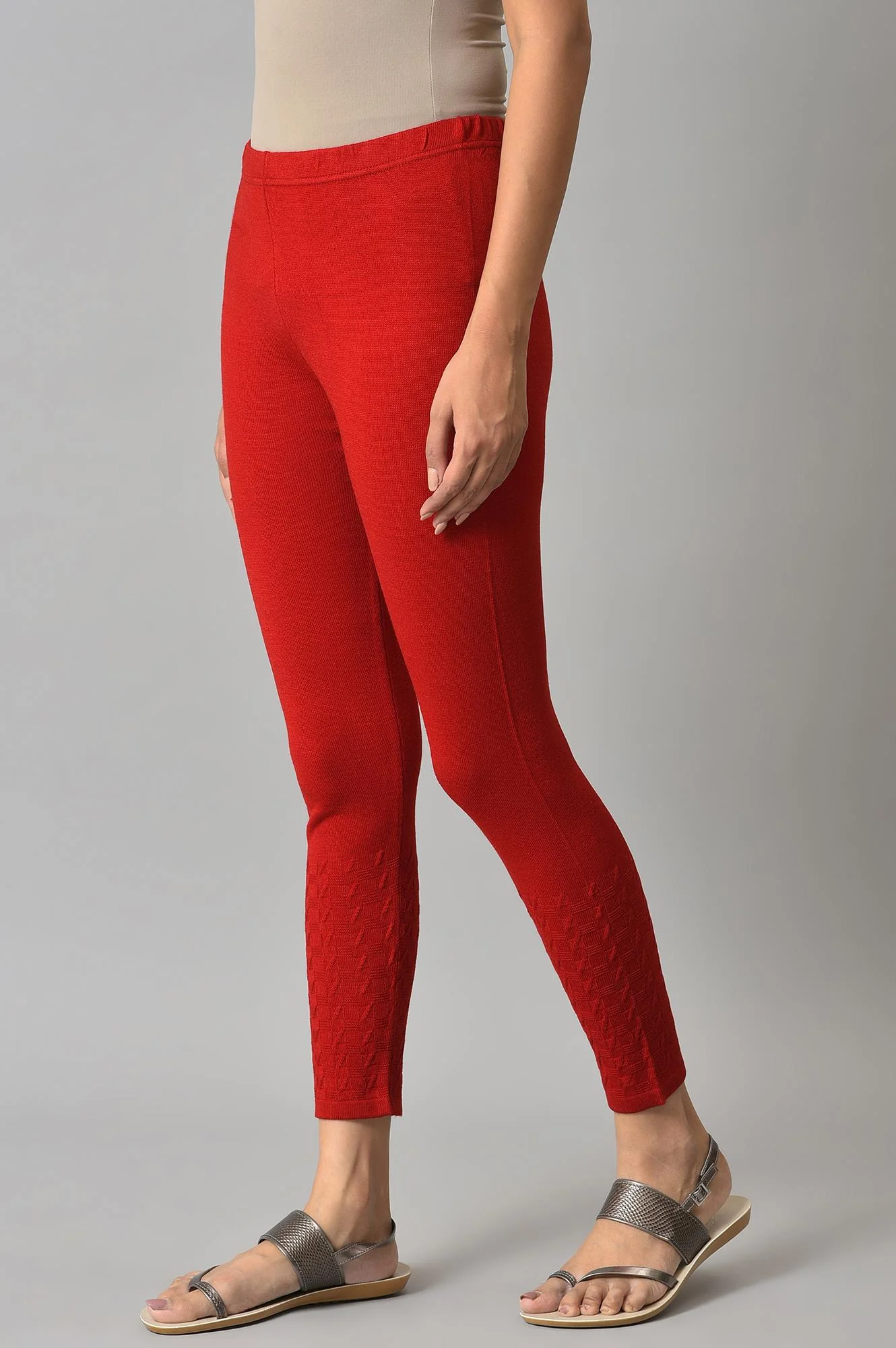 Red Solid Skinny Tights With Elasticated Waistband - Image 3