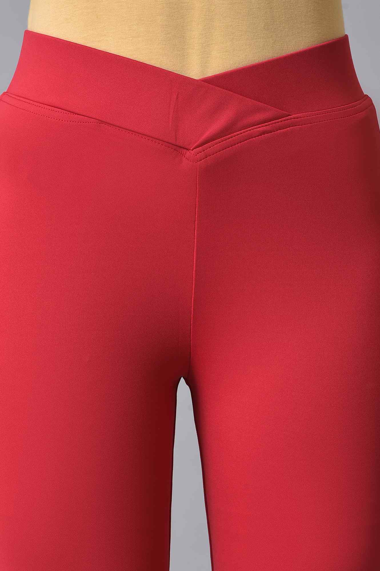 Red Solid Skinny Fit Lycra Tights With Slip On Closure - Image 6