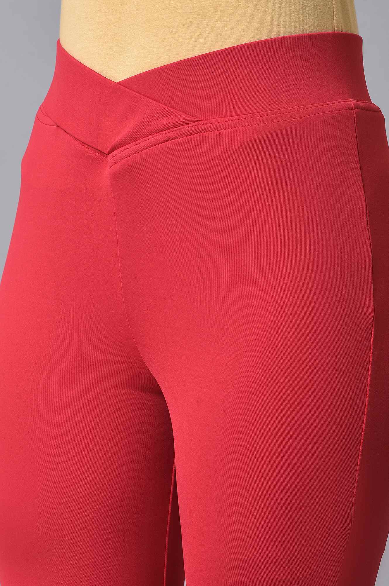 Red Solid Skinny Fit Lycra Tights With Slip On Closure - Image 7