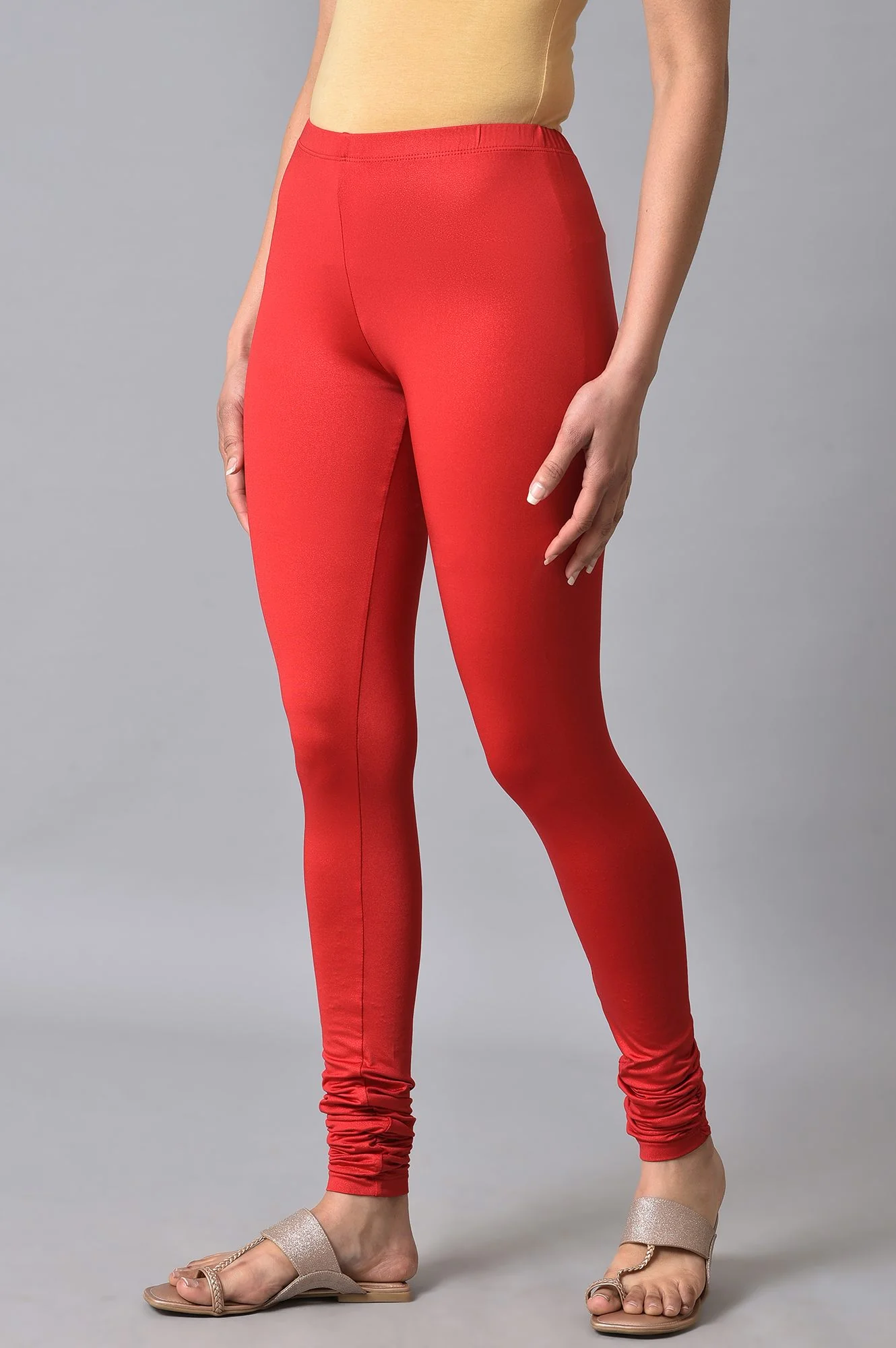 Red Solid Skinny Fit Cotton Churidar With Elasticated Waistband - Image 3