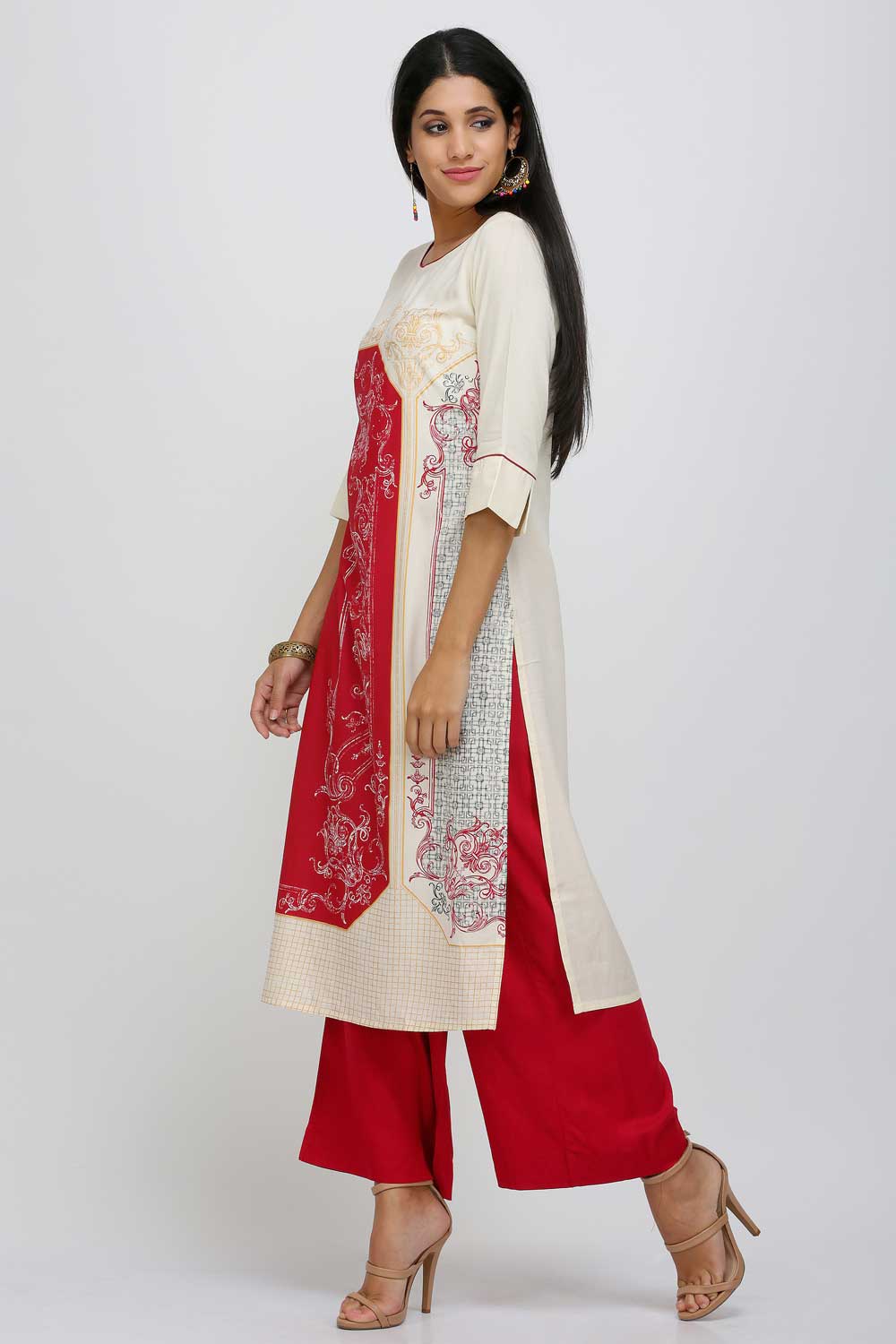 Red Printed Round Neck kurta - Image 3