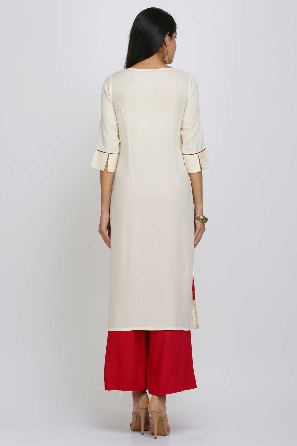 Red Printed Round Neck kurta - Image 4