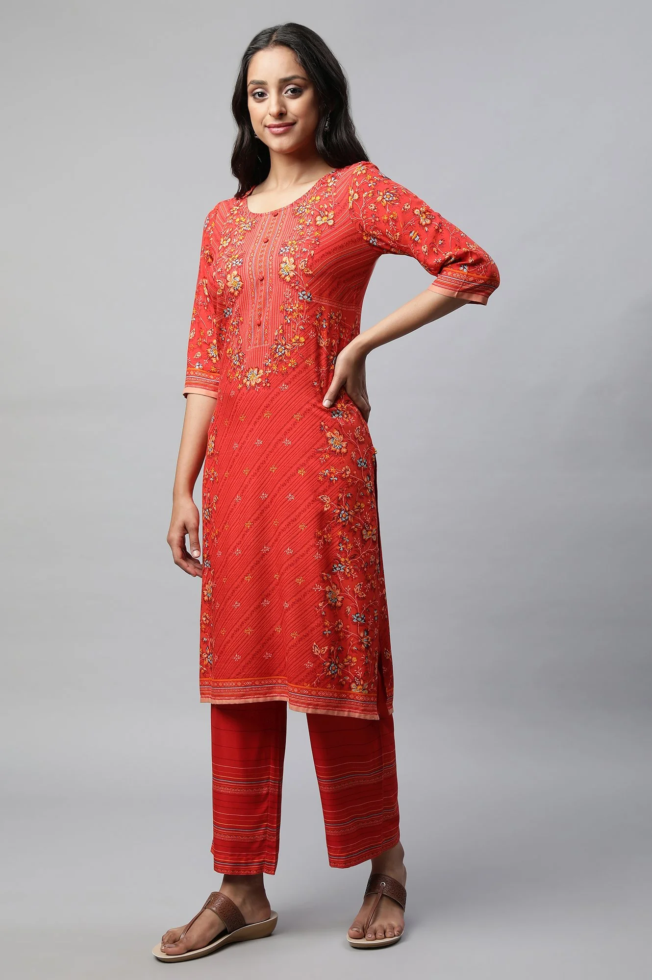 Red Printed Summer kurta Set - Image 3