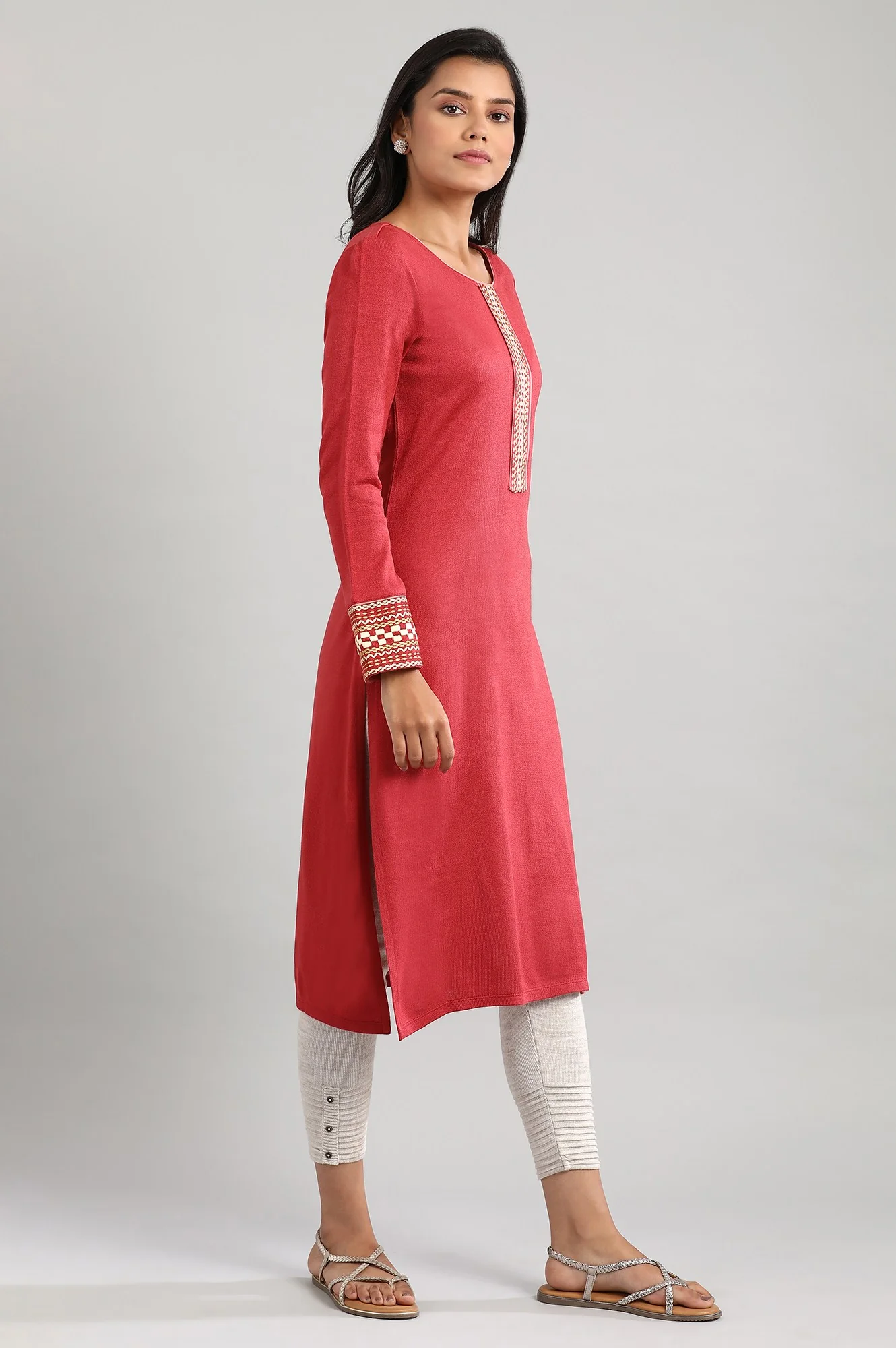 Red Round Neck Winter kurta - Image 4