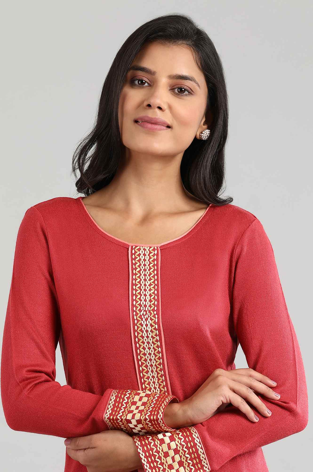 Red Round Neck Winter kurta - Image 5