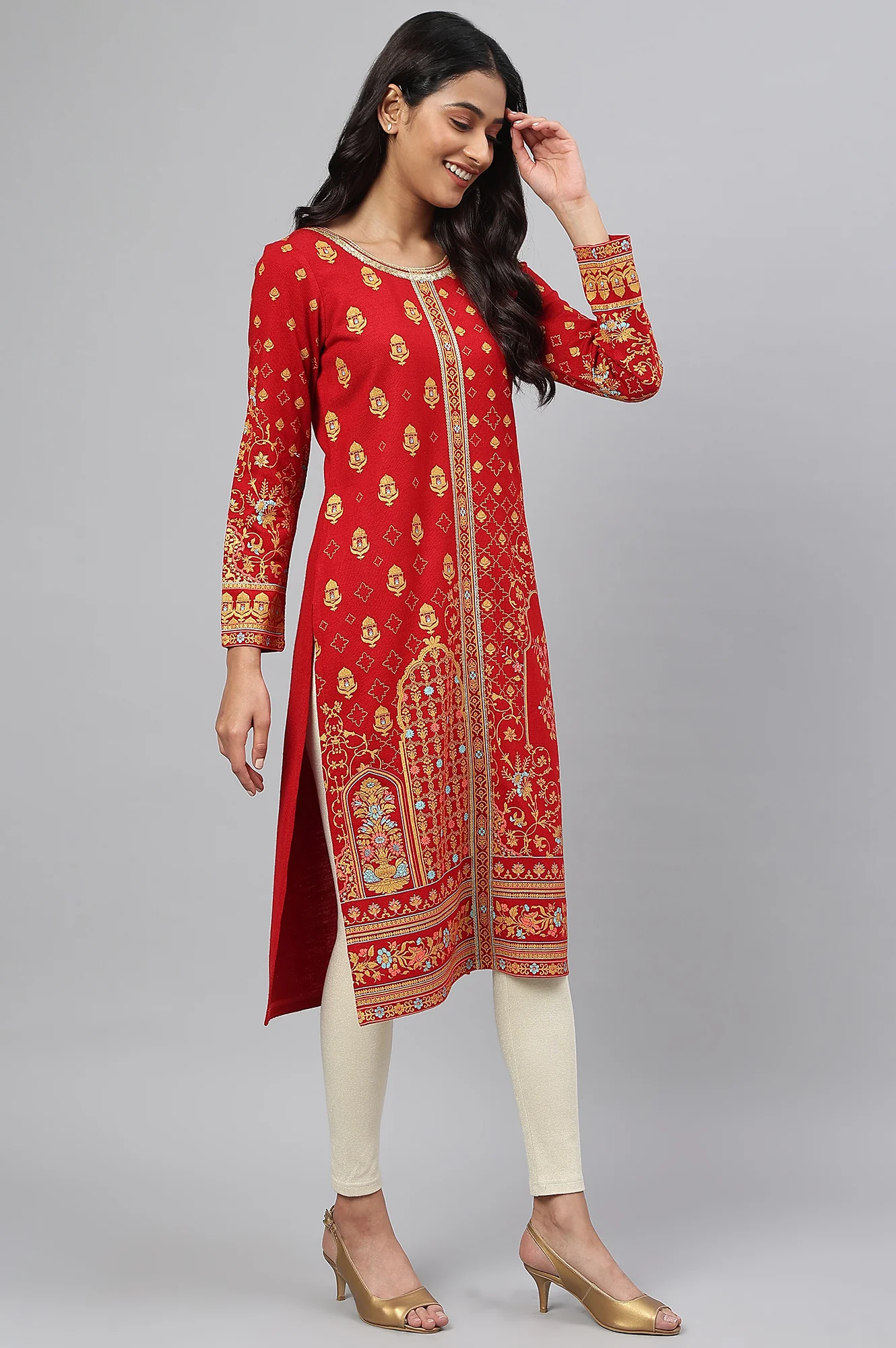 Red Statement Printed Winter kurta - Image 6