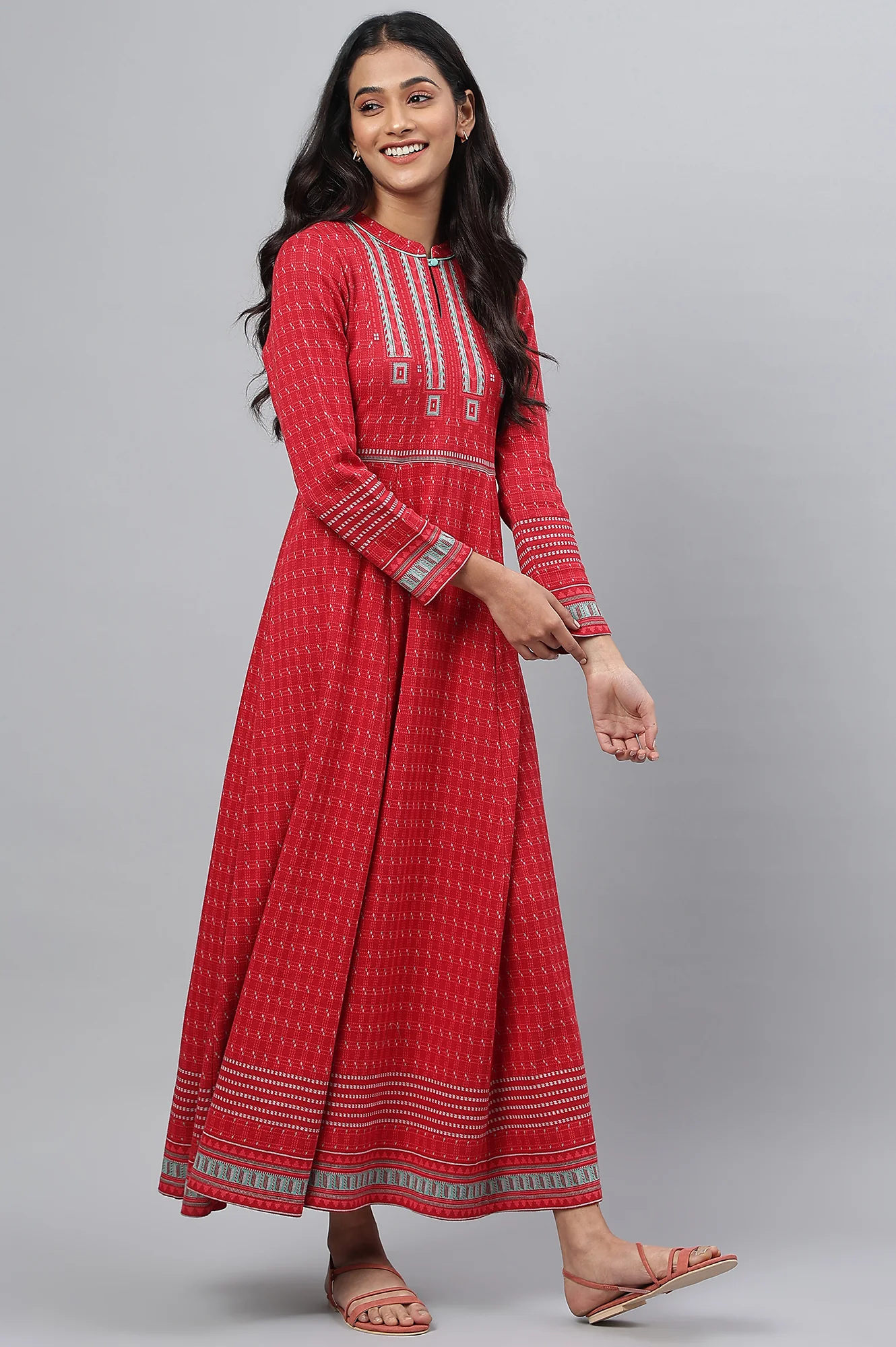 Red Yarn-dyed A-line Winter Dress - Image 6