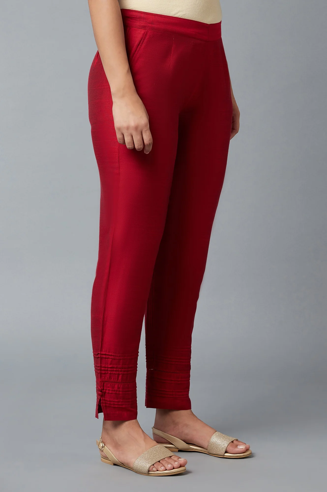 Red Solid Straight Fit Trousers With Elasticated Waist - Image 4