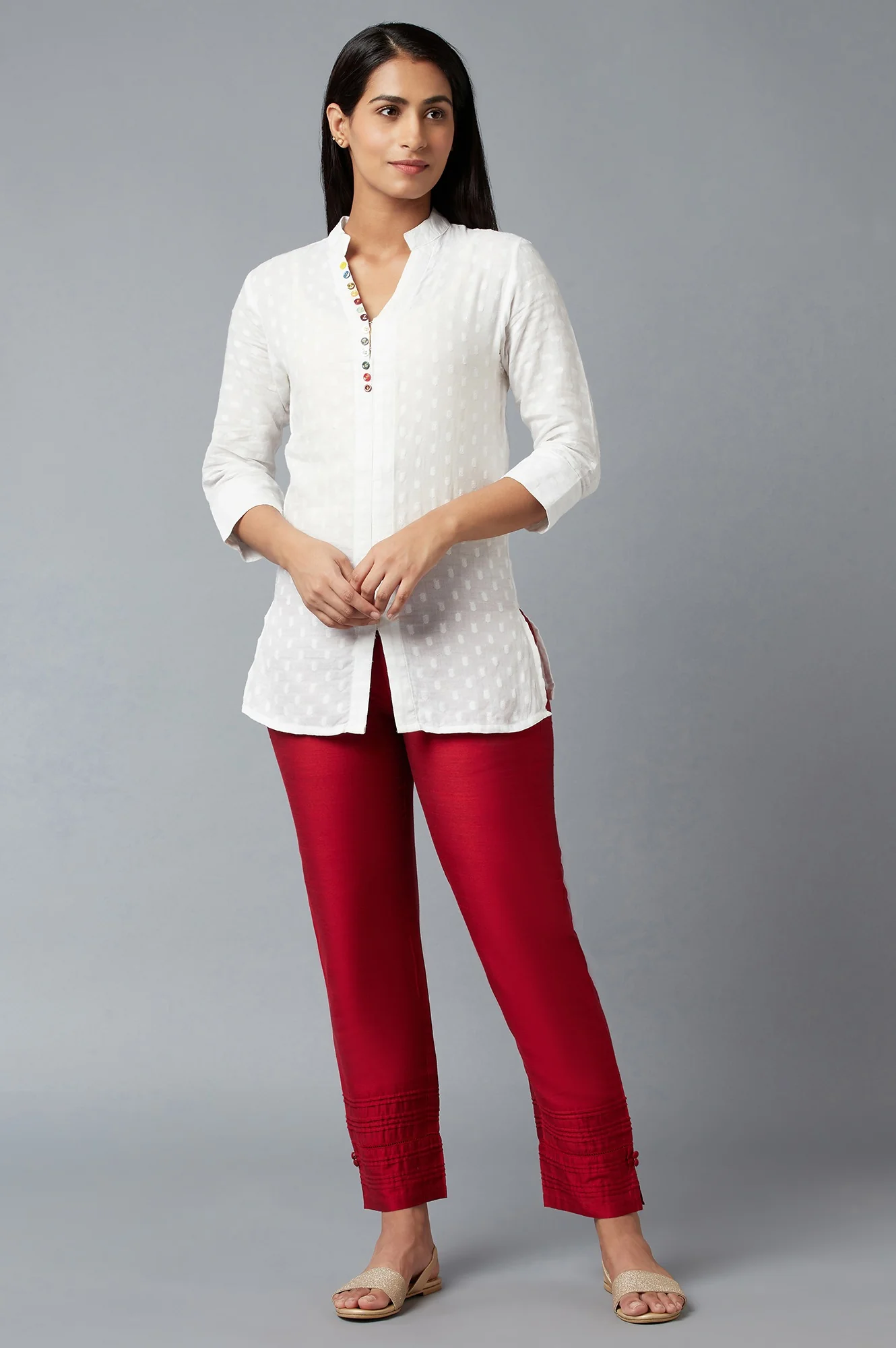 Red Solid Straight Fit Trousers With Elasticated Waist - Image 5