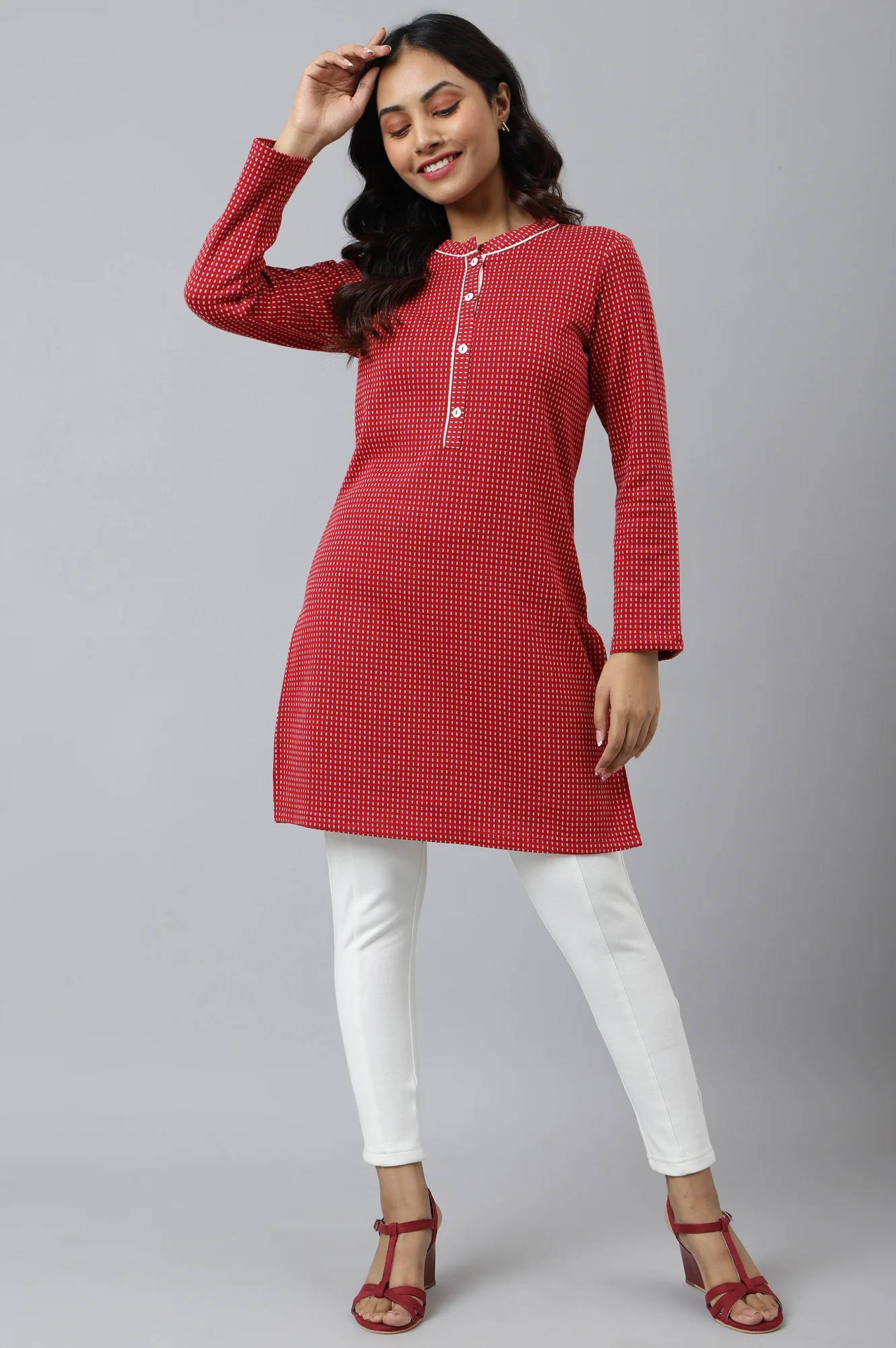 Red Yarn-dyed Winter kurta - Image 5