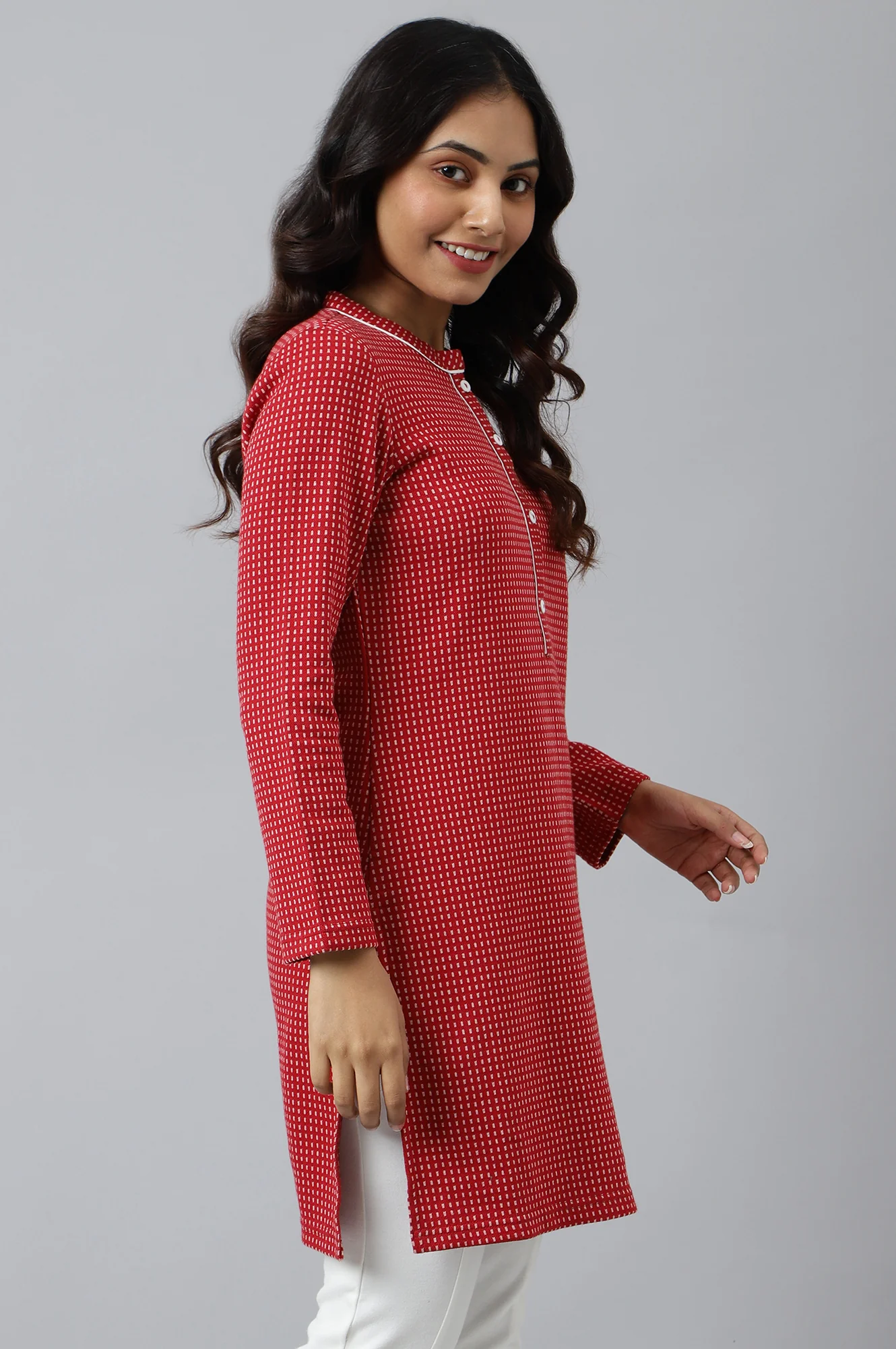 Red Yarn-dyed Winter kurta - Image 6