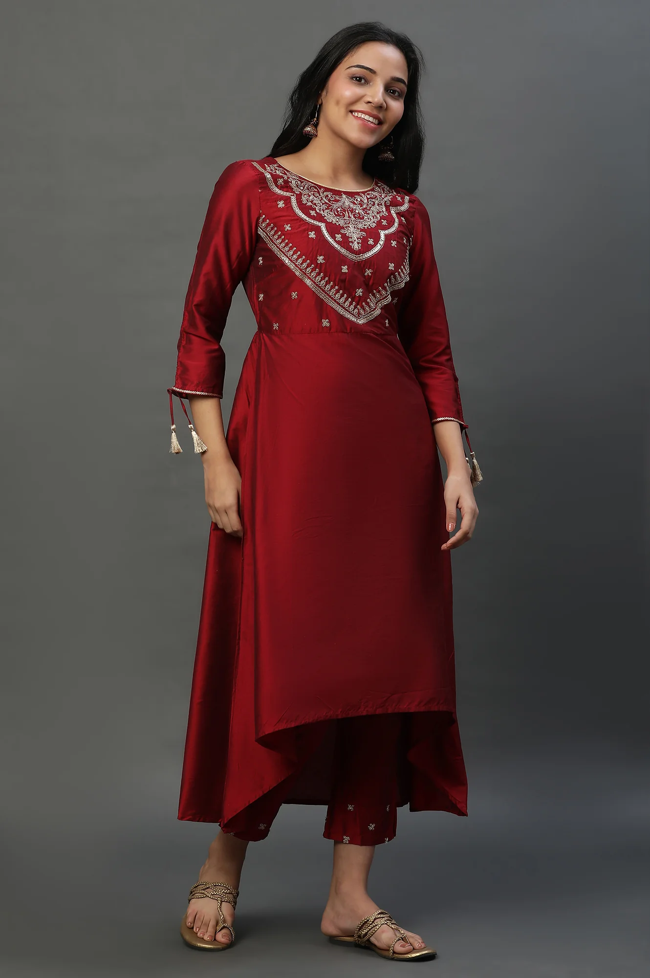 Red Zari Embroidered Kurta, Pants and Jacquard Dupatta - Image 3
