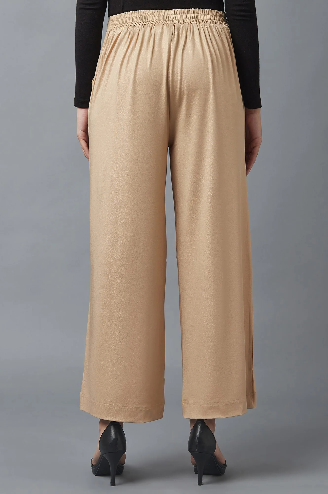 Rose Gold Solid Straight Fit Cotton Palazzo With Side Pockets - Image 3