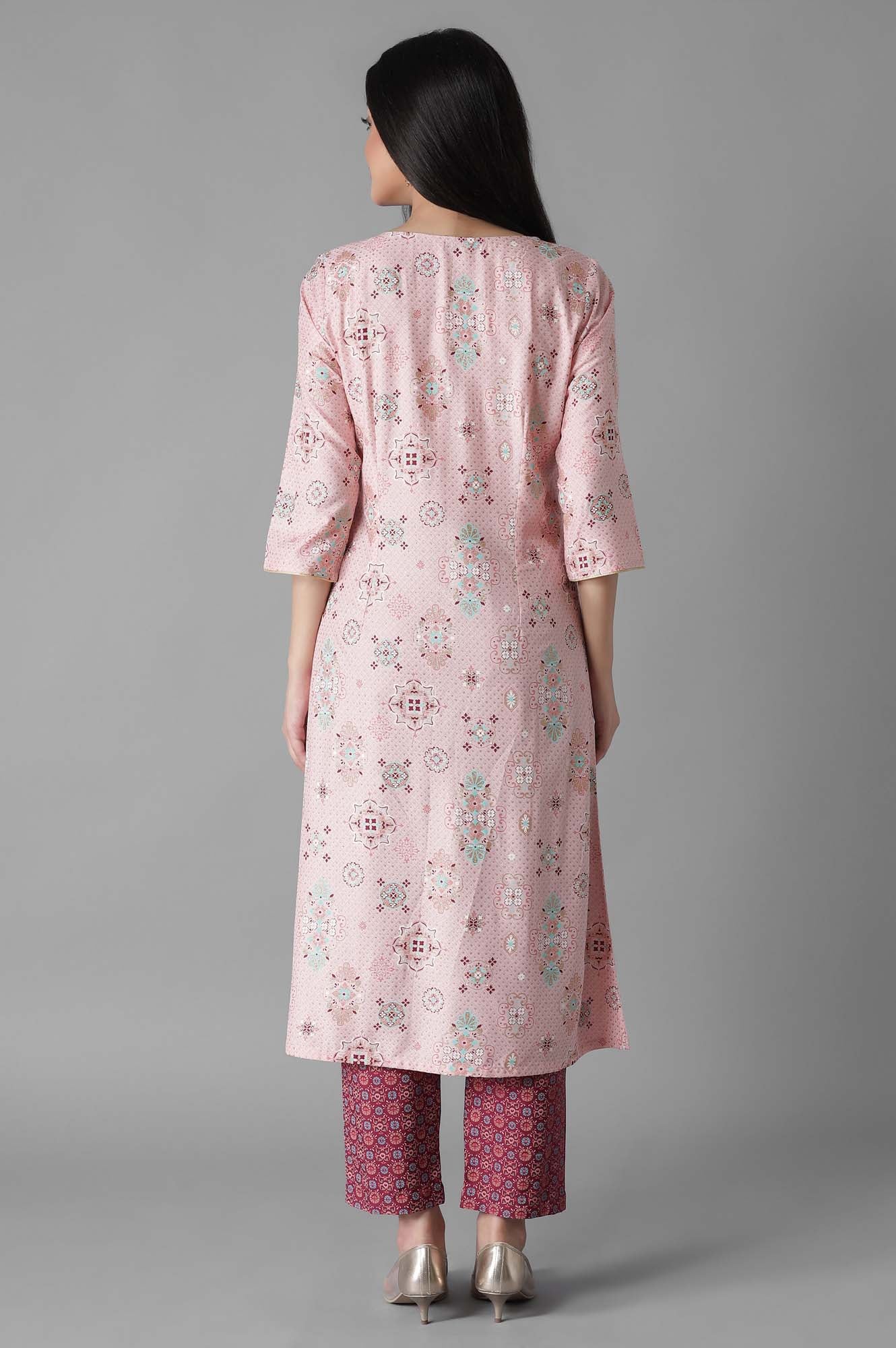 Rose Pink Glittered Geometric Print A line kurta Trousers Set - Image 2