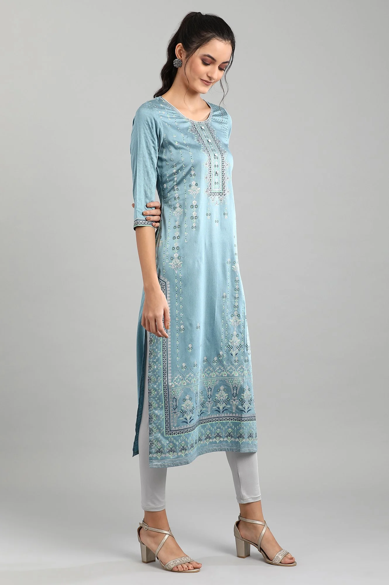 Sea Blue Ethnic Straight kurta in Round neck - Image 4