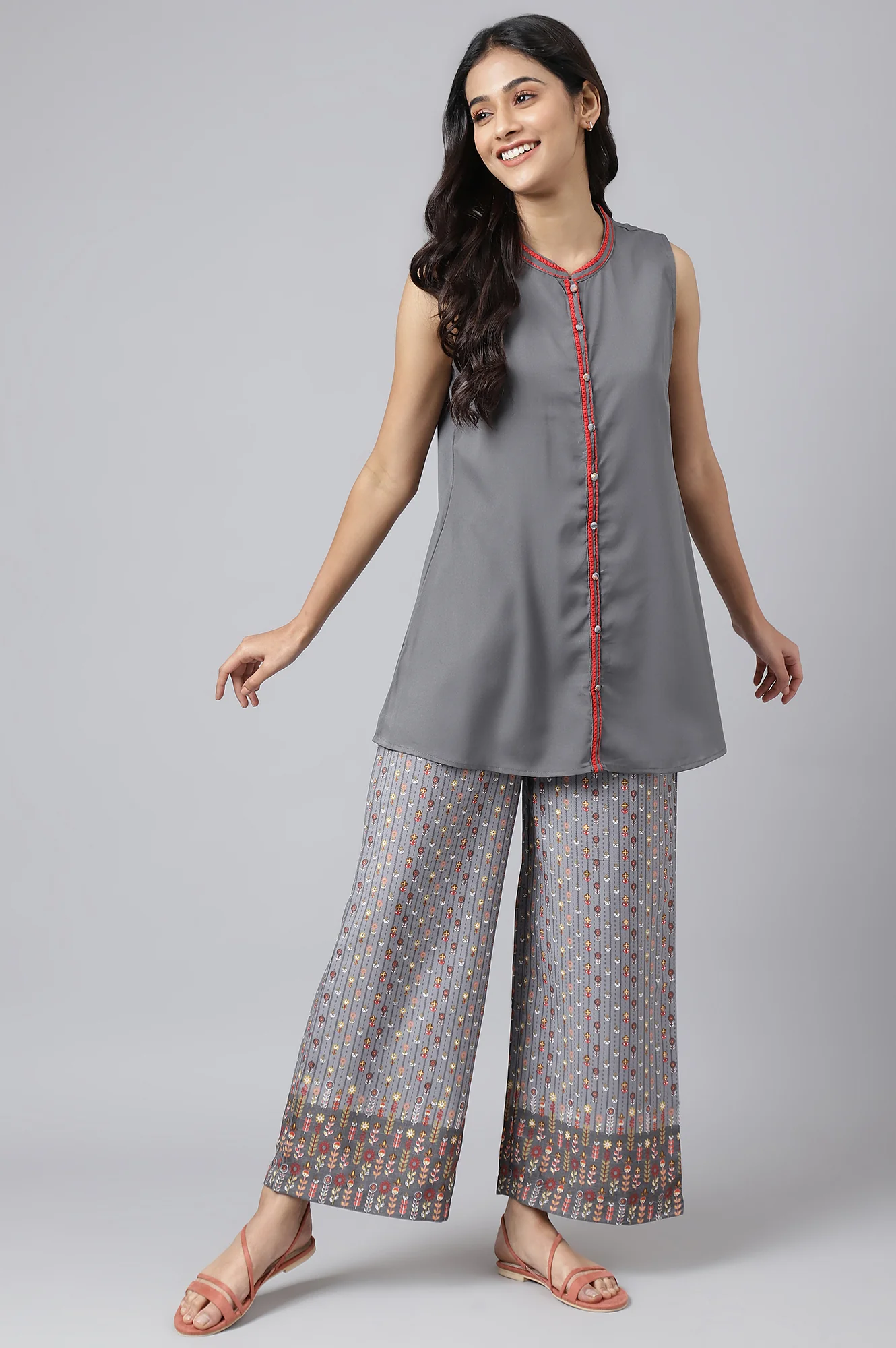 Steel Grey Short kurta With Printed Palazzo - Image 6