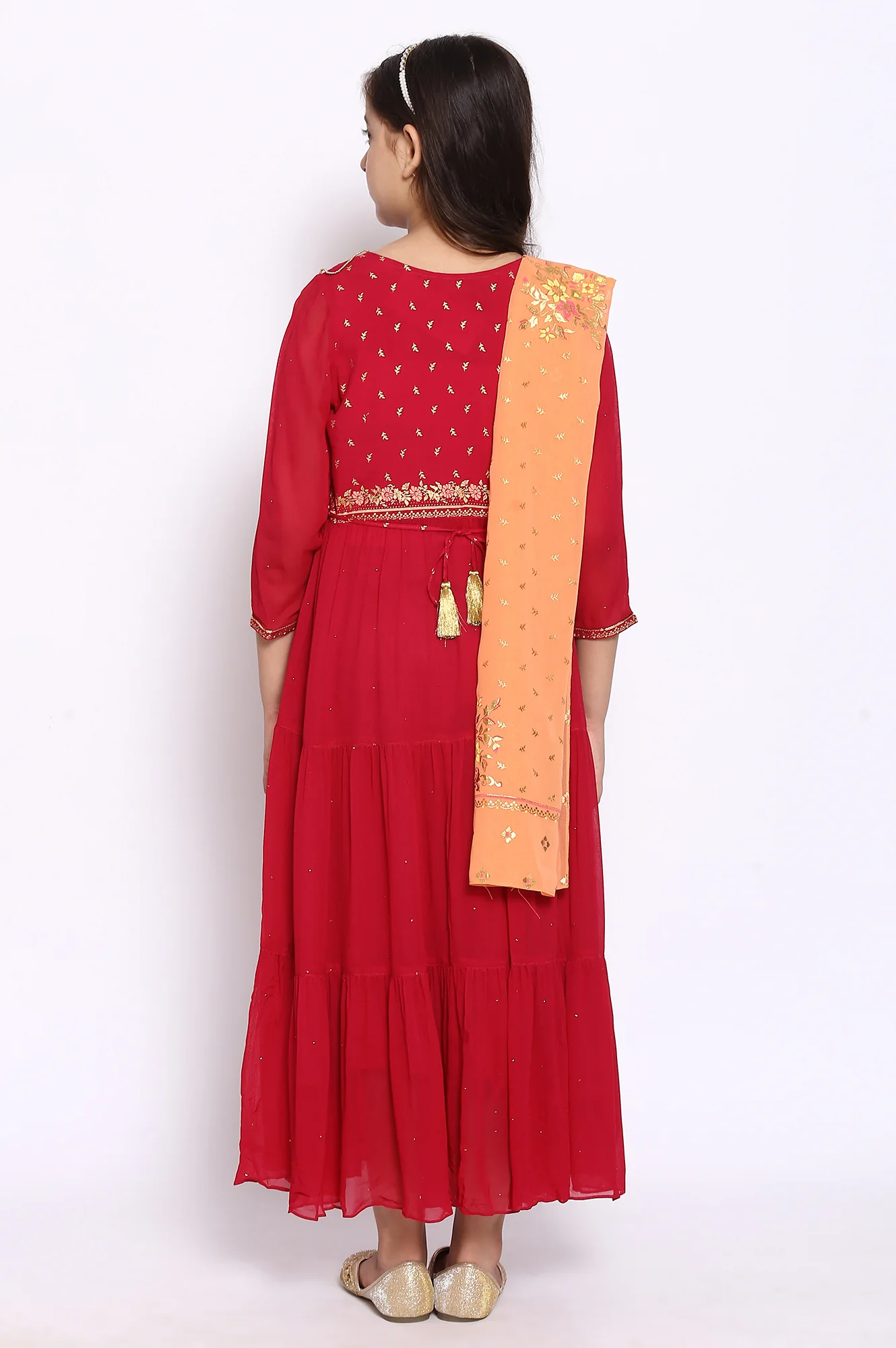 Sweet Rose Pink Tiered Dress-Dupatta Girls Set - Image 2