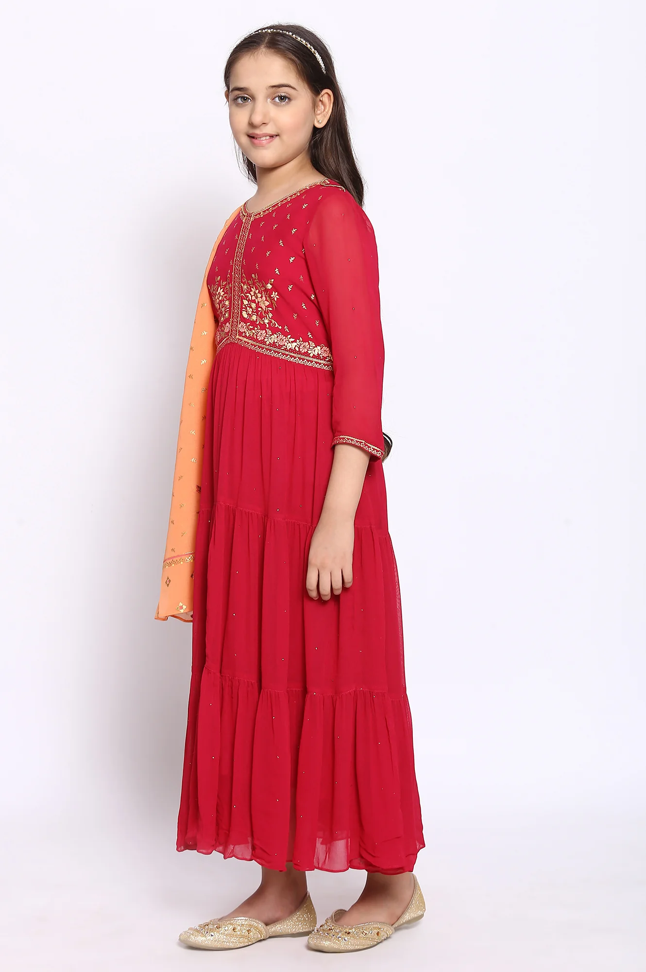 Sweet Rose Pink Tiered Dress-Dupatta Girls Set - Image 3