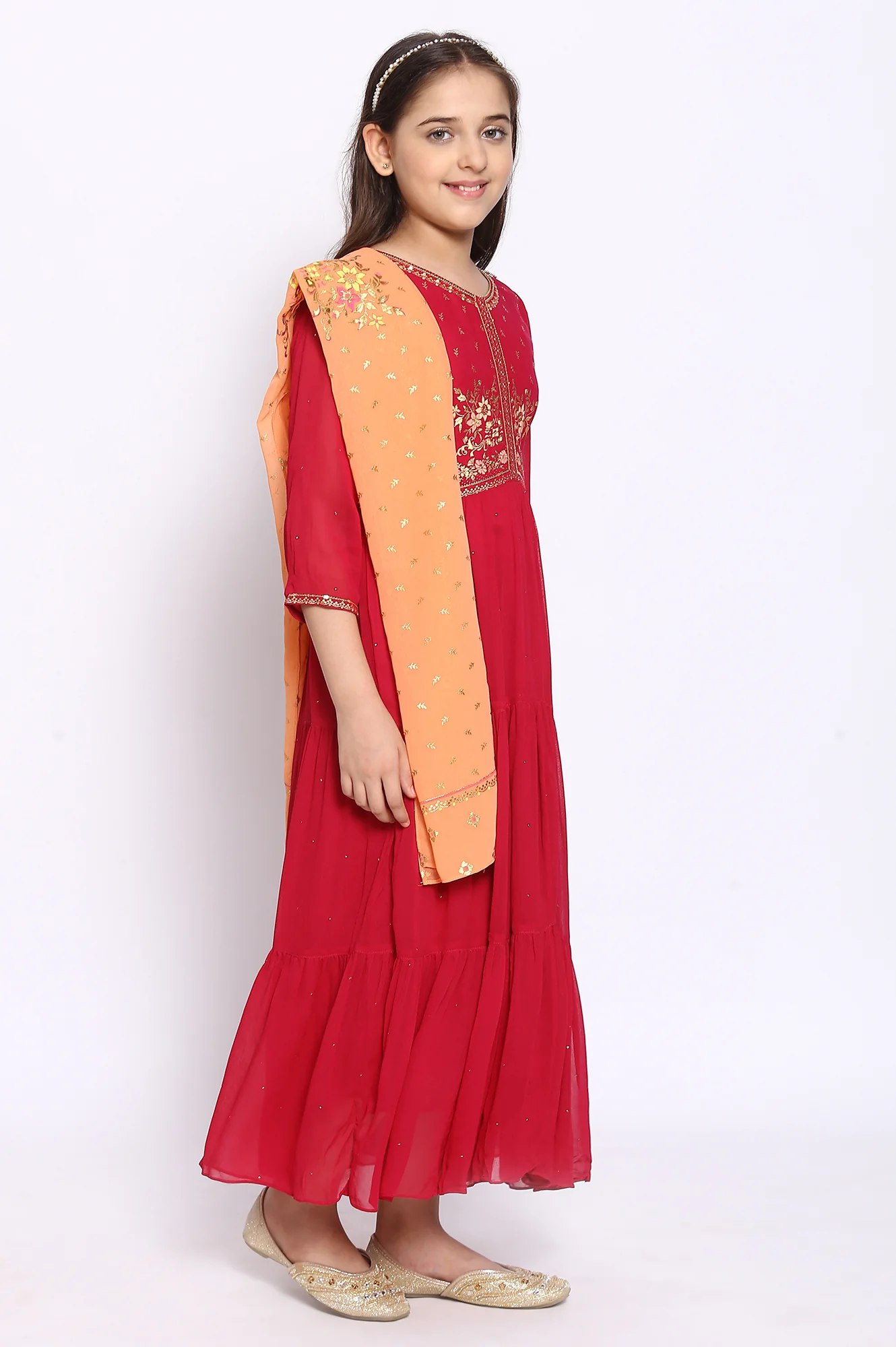 Sweet Rose Pink Tiered Dress-Dupatta Girls Set - Image 4