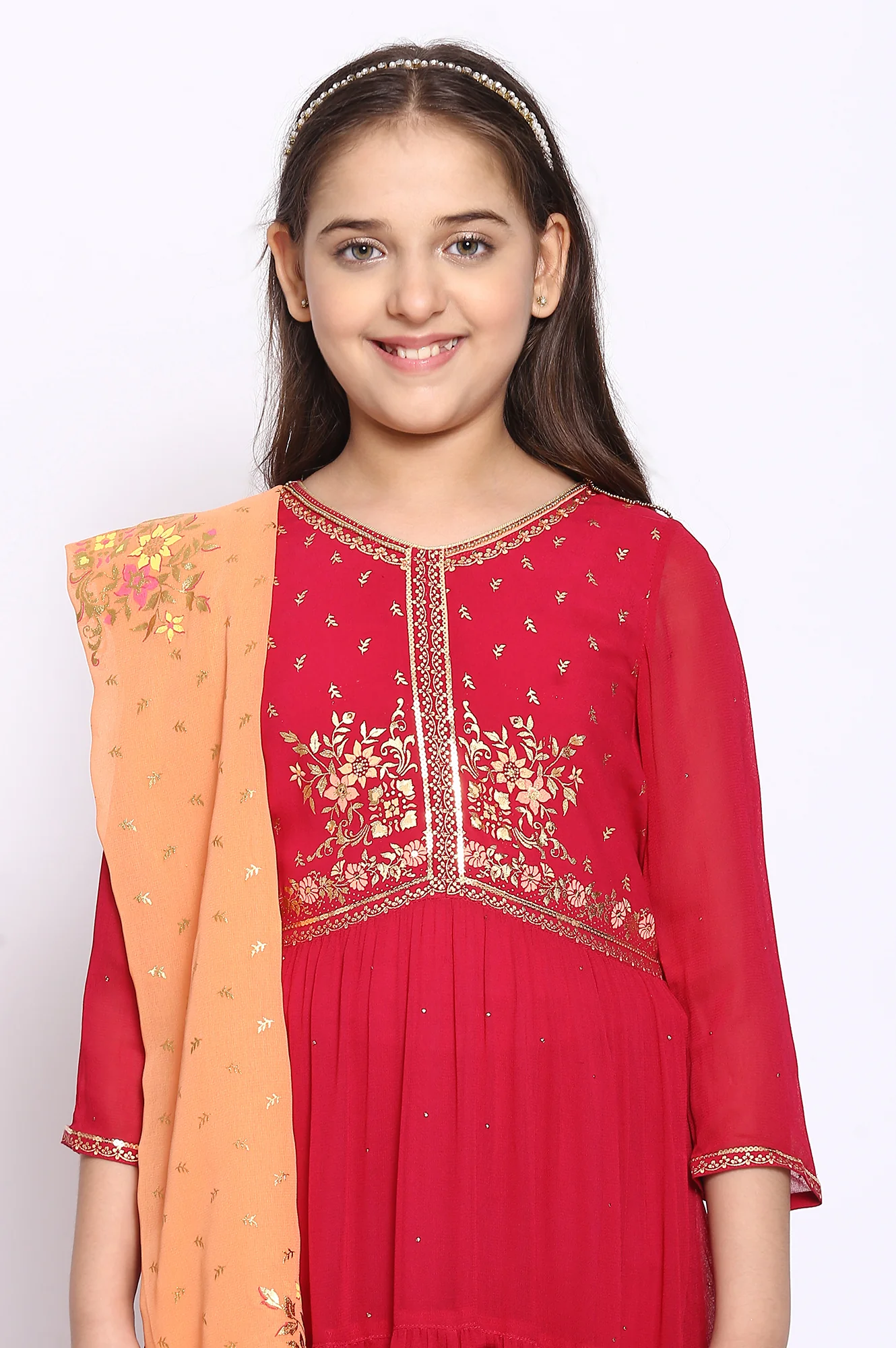 Sweet Rose Pink Tiered Dress-Dupatta Girls Set - Image 5