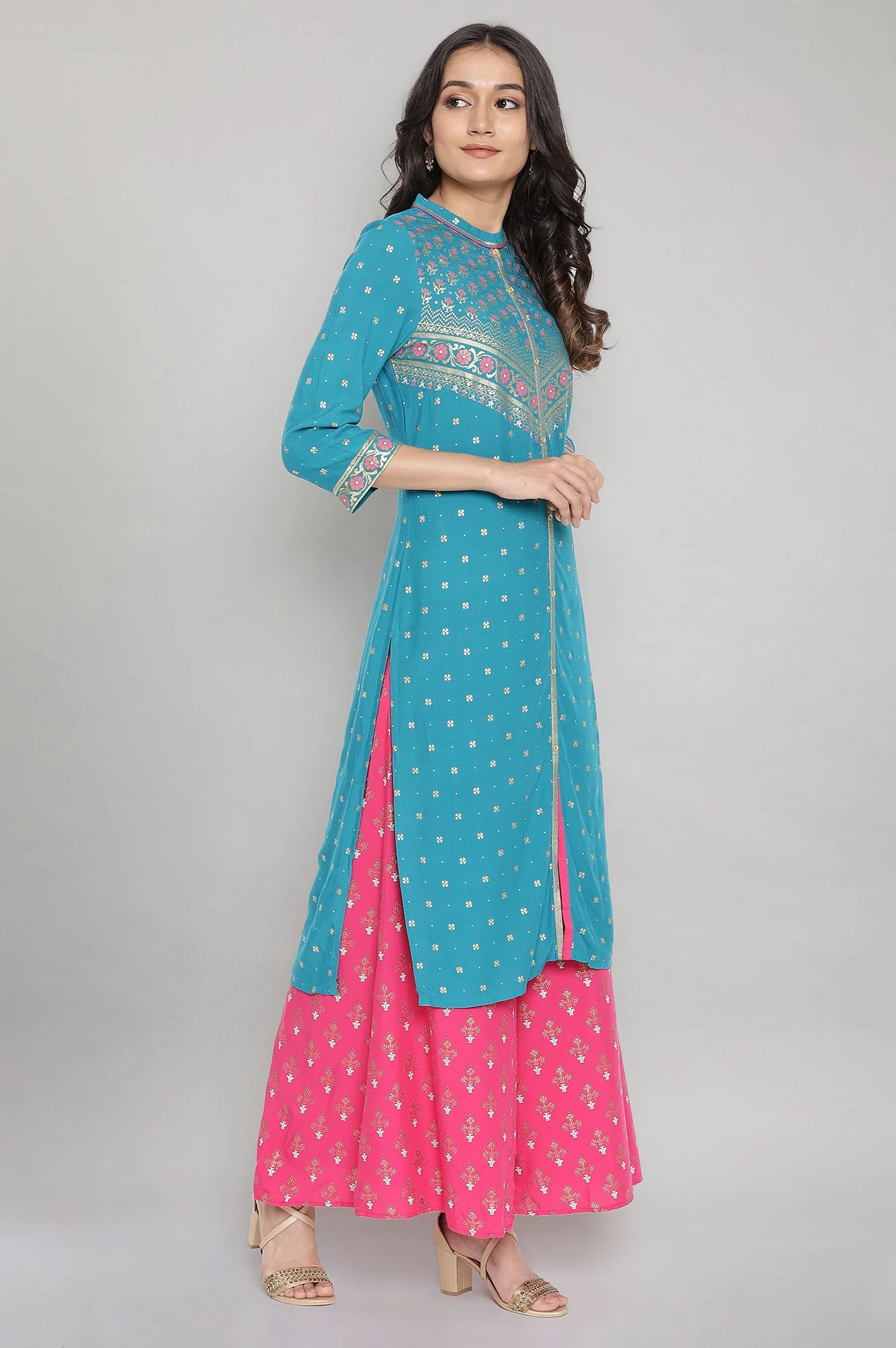 Teal Blue Mandarin Collar Foil Print Straight kurta - Image 4