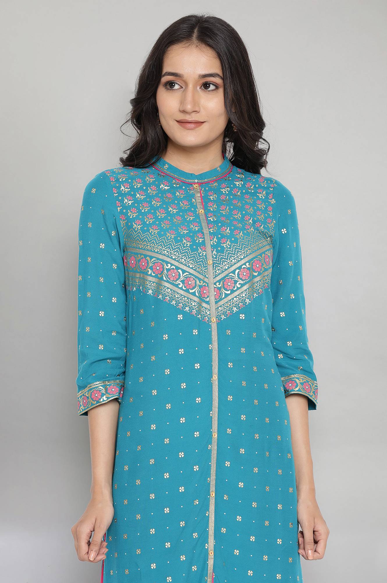 Teal Blue Mandarin Collar Foil Print Straight kurta - Image 6